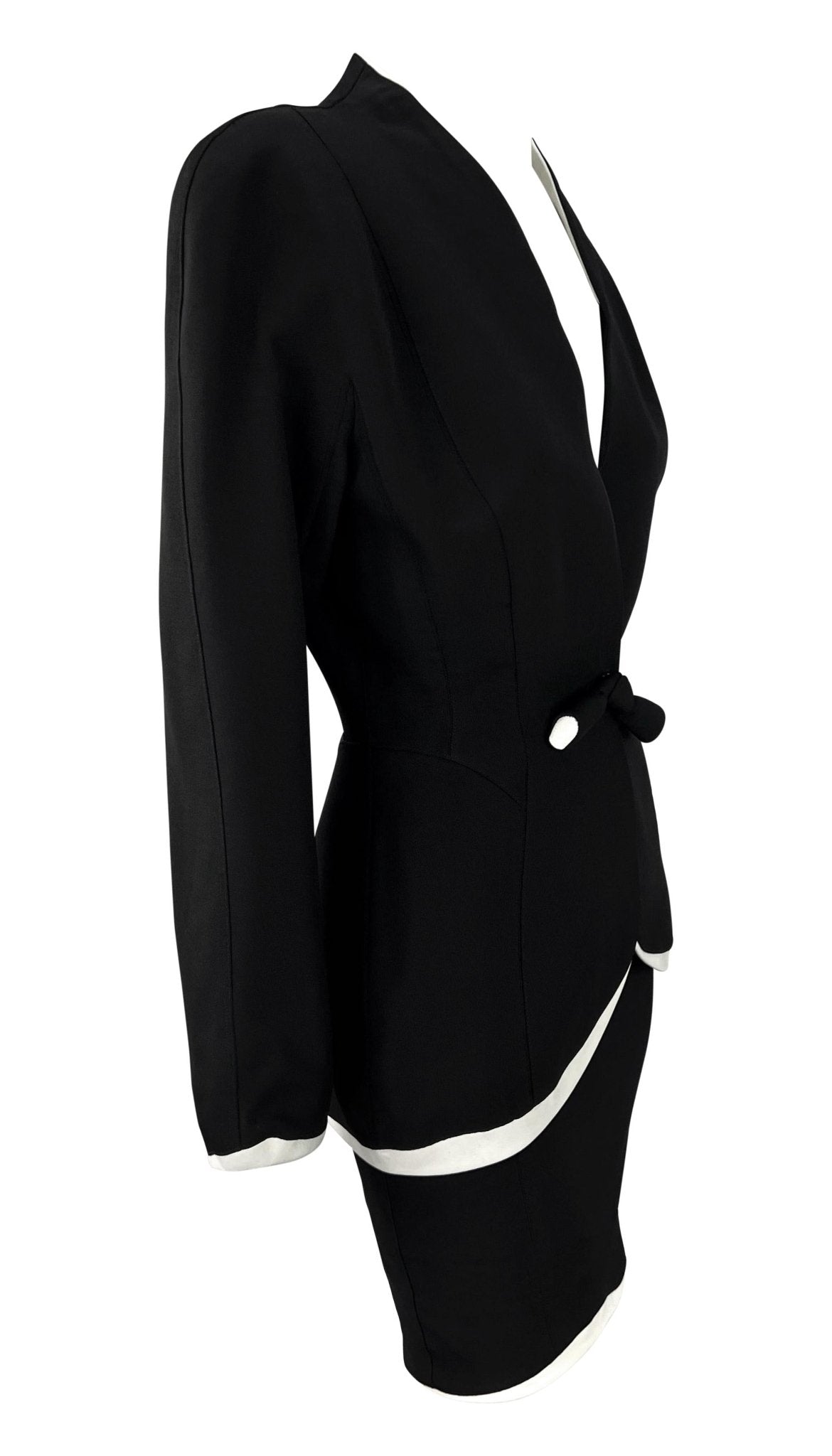 1990s Thierry Mugler Black White Sculpted Asymmetric Bow Skirt Suit - RealList