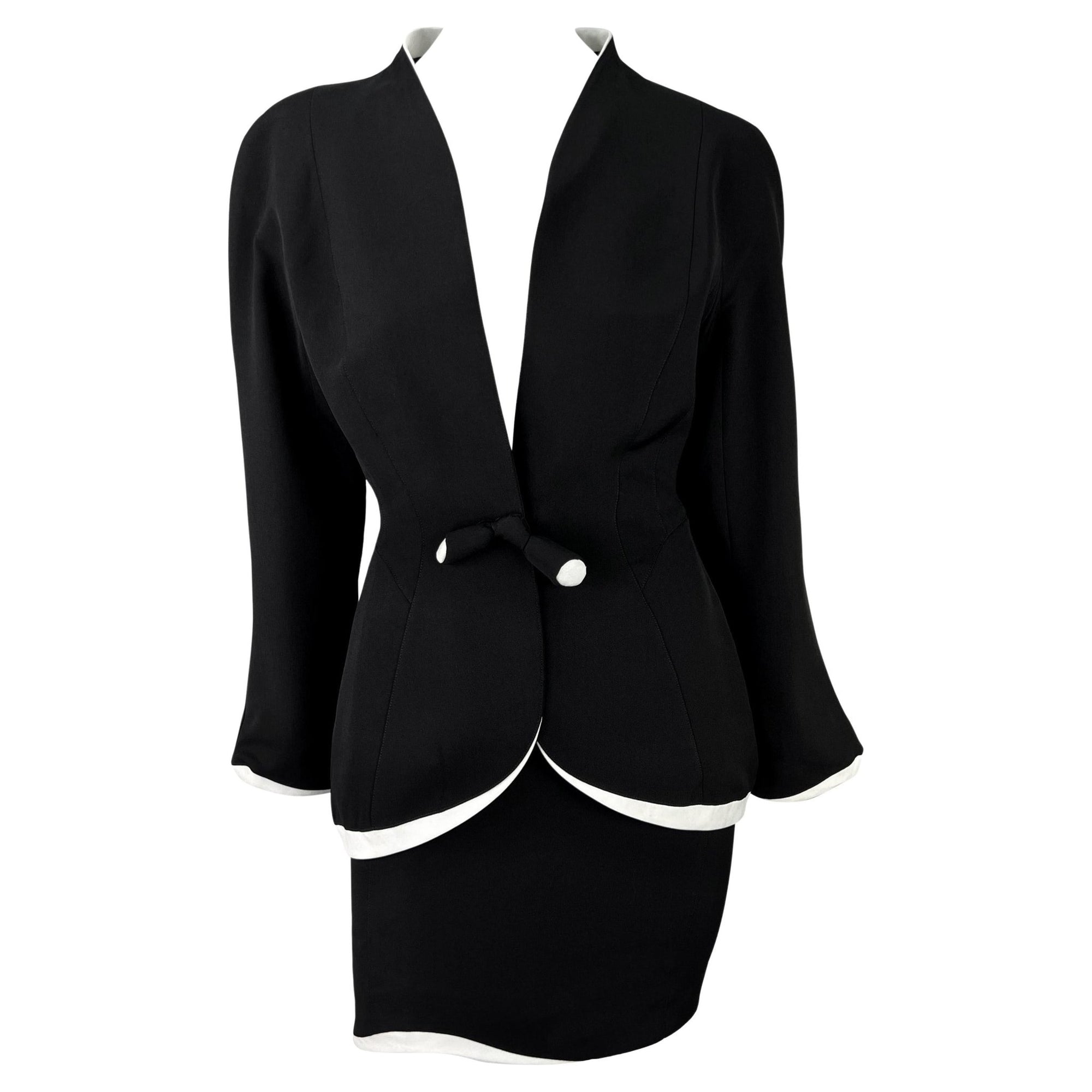 1990s Thierry Mugler Black White Sculpted Asymmetric Bow Skirt Suit - RealList