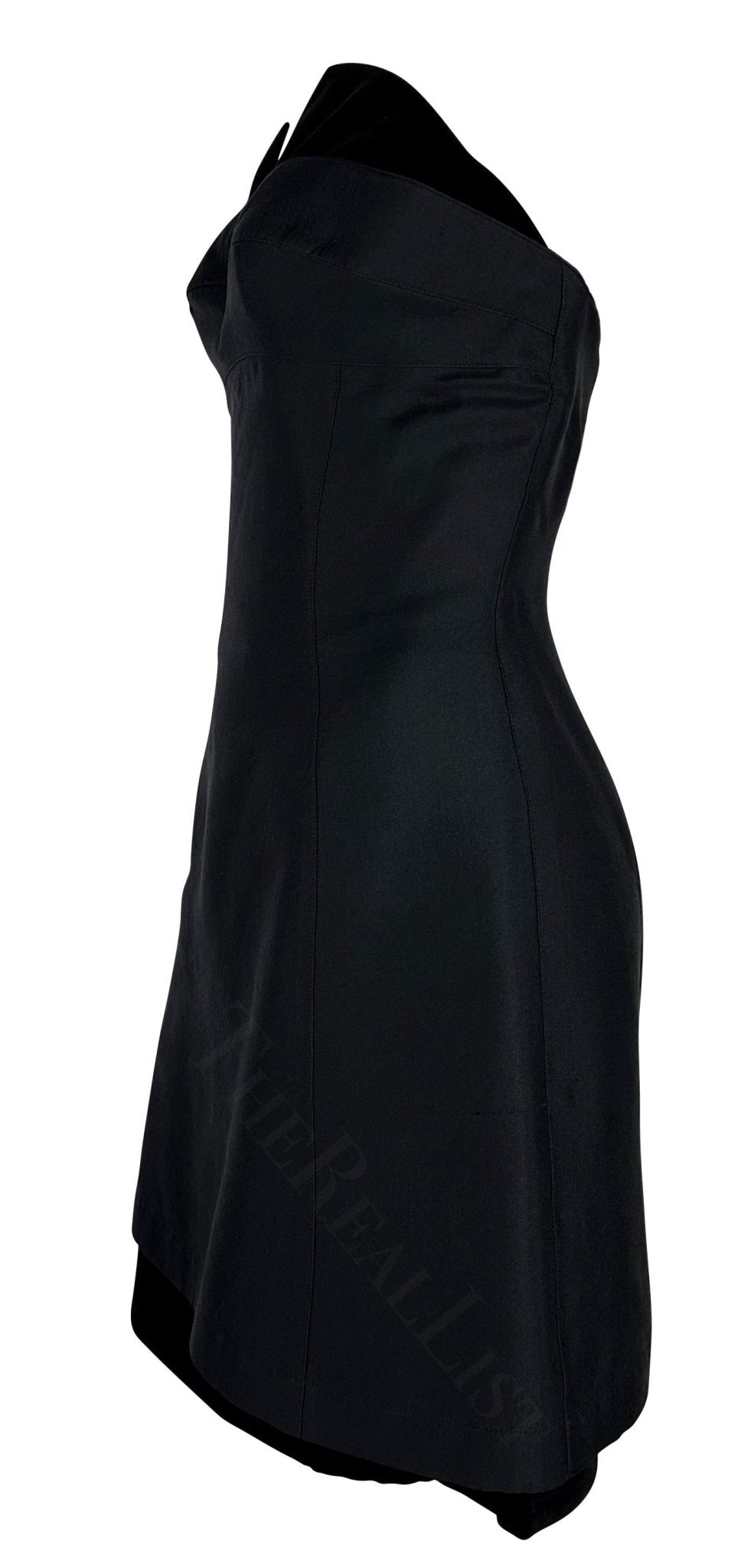 1990s Thierry Mugler Black Wool Strapless Velvet Accent Hourglass Mini Dress - RealList