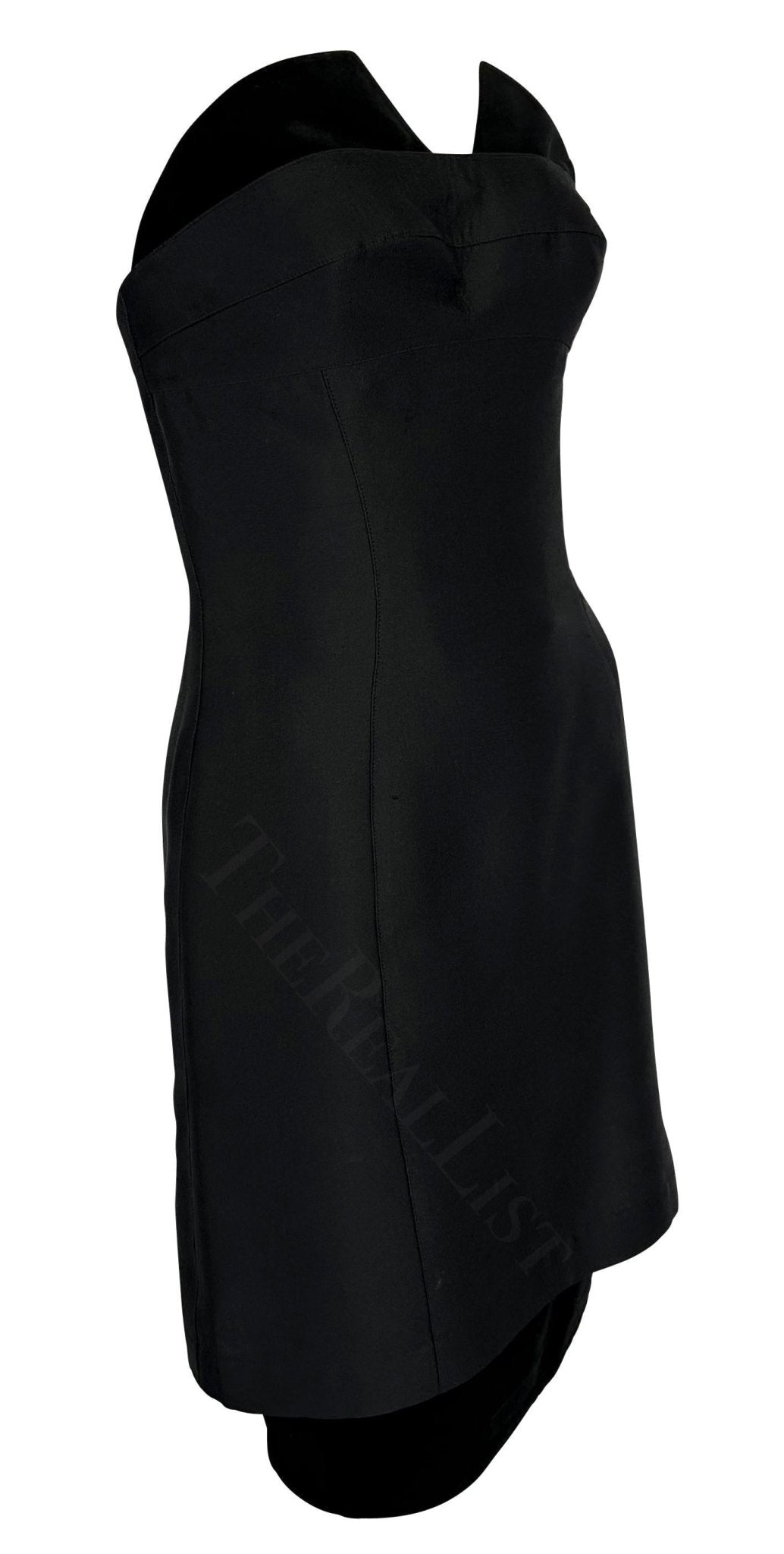 1990s Thierry Mugler Black Wool Strapless Velvet Accent Hourglass Mini Dress - RealList