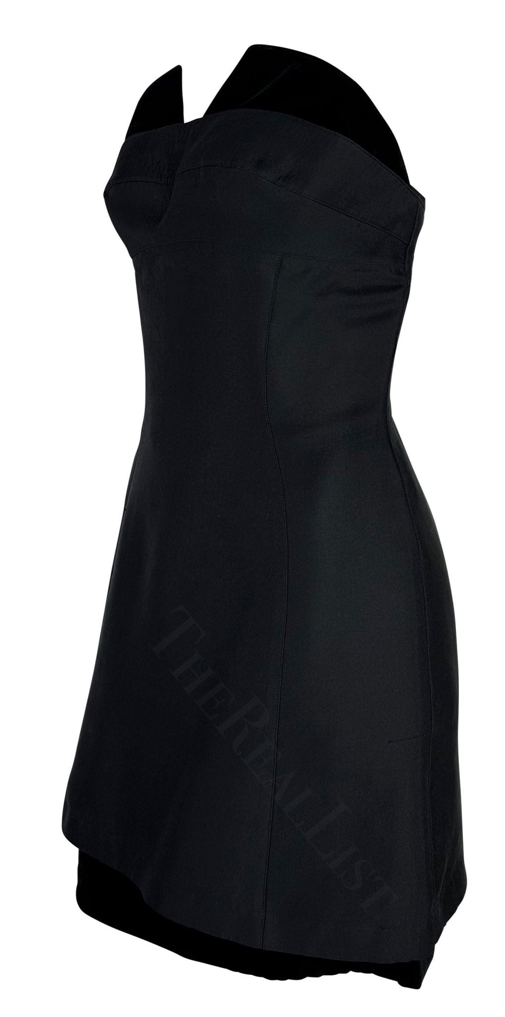 1990s Thierry Mugler Black Wool Strapless Velvet Accent Hourglass Mini Dress - RealList