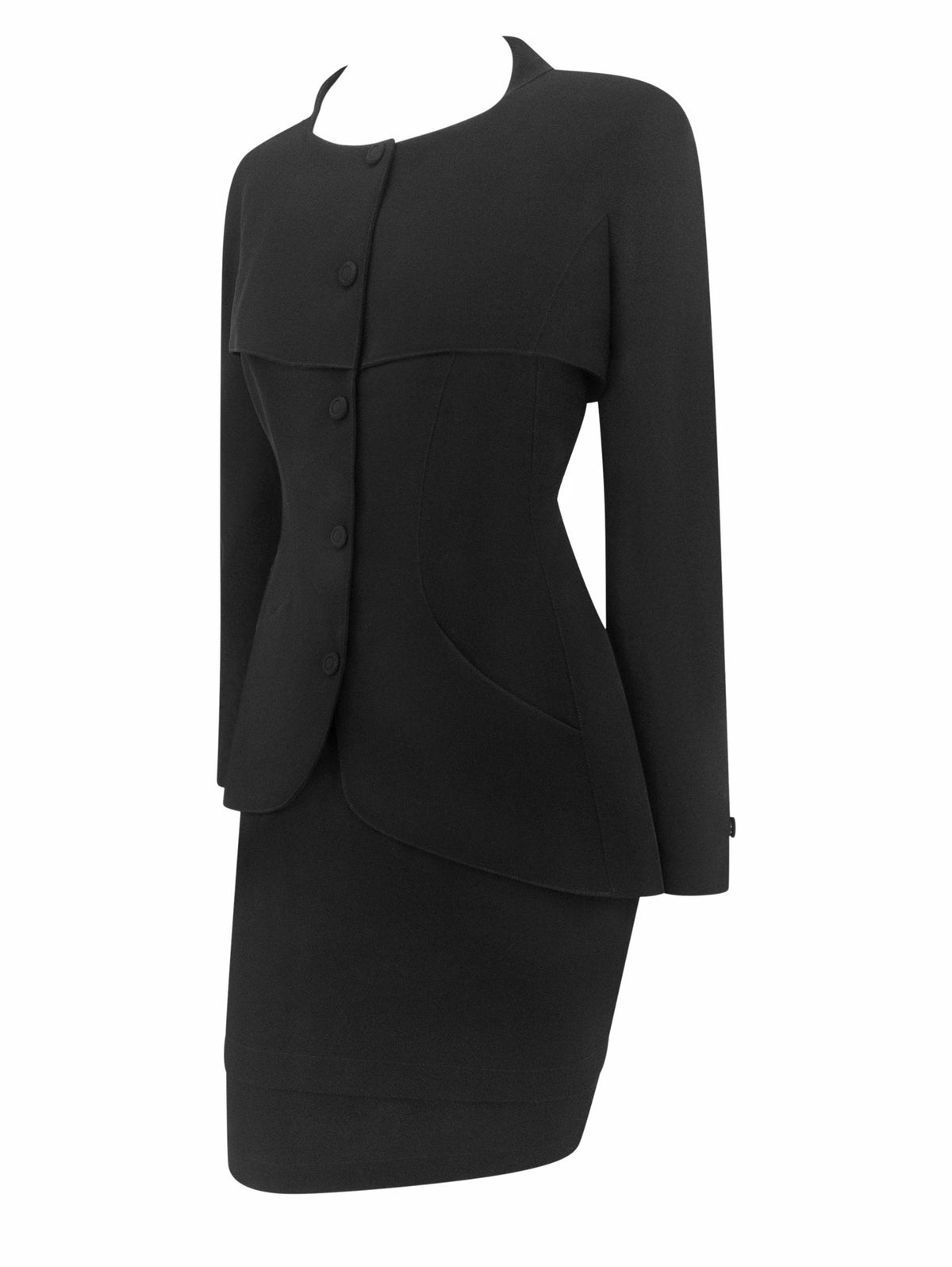 1990s Thierry Mugler Black Wool Tiered Capelet Hourglass Skirt Suit - RealList