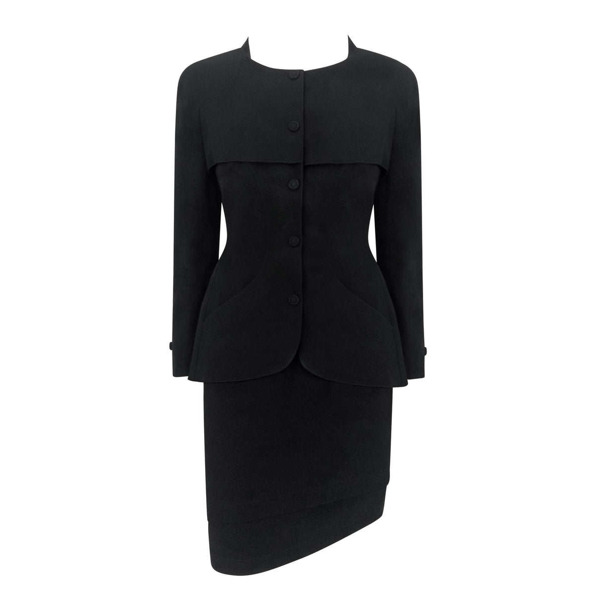 1990s Thierry Mugler Black Wool Tiered Capelet Hourglass Skirt Suit - RealList