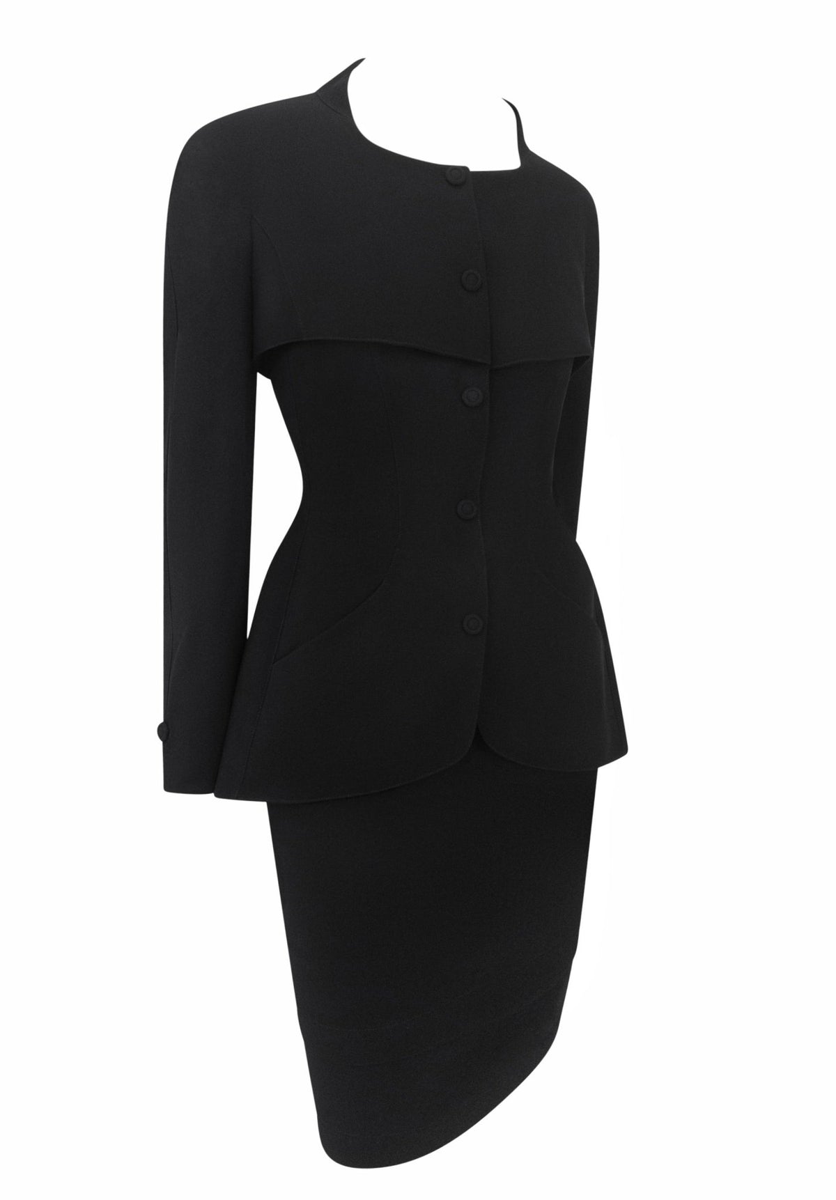 1990s Thierry Mugler Black Wool Tiered Capelet Hourglass Skirt Suit - RealList