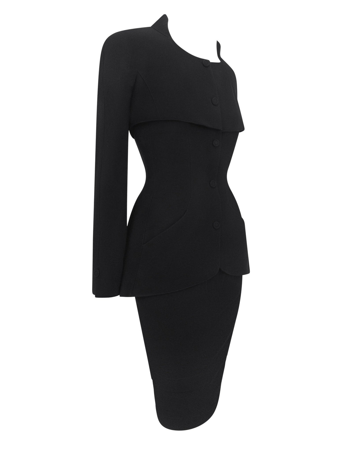 1990s Thierry Mugler Black Wool Tiered Capelet Hourglass Skirt Suit - RealList