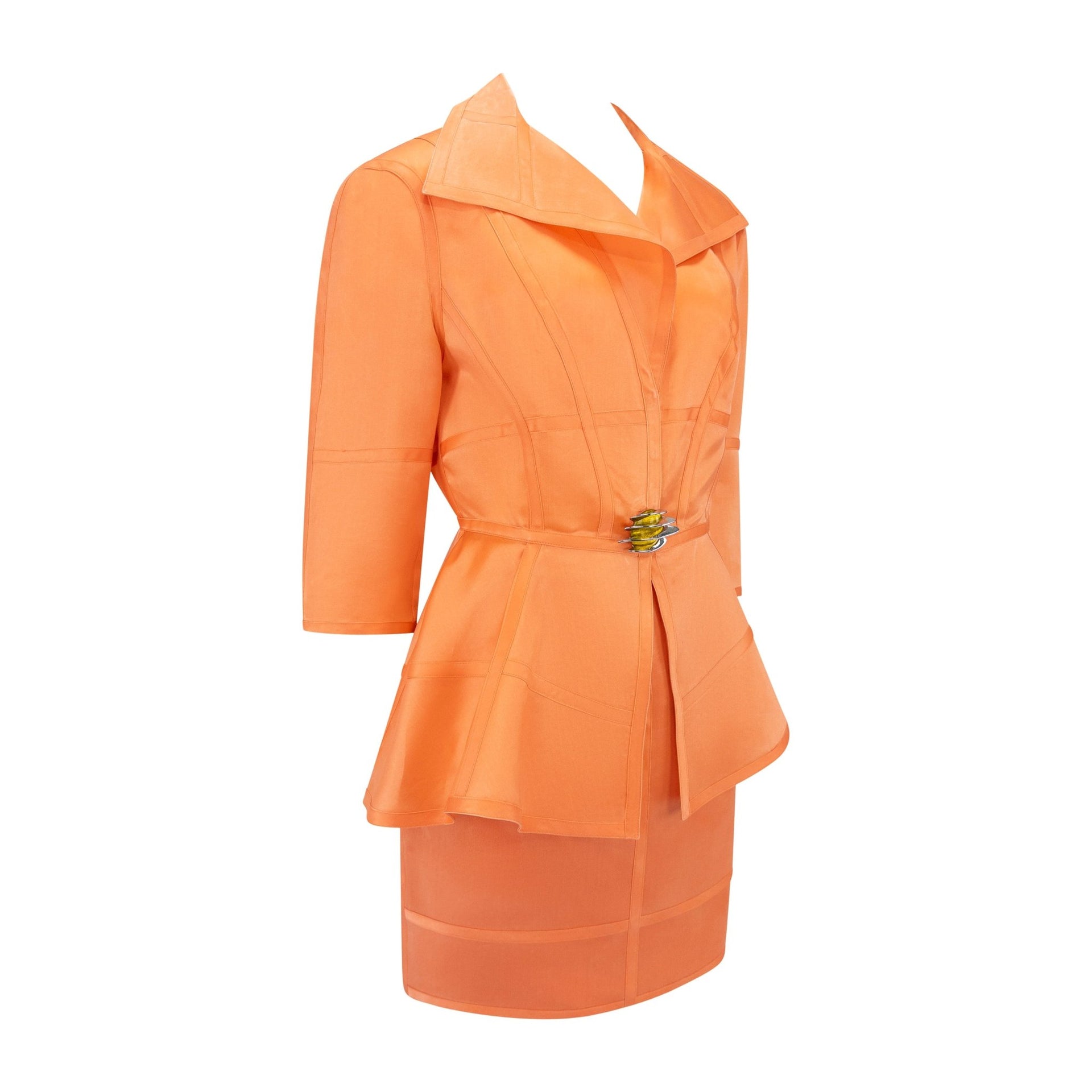 1990s Thierry Mugler Orange Semi - Sheer Silk Skirt Suit - RealList