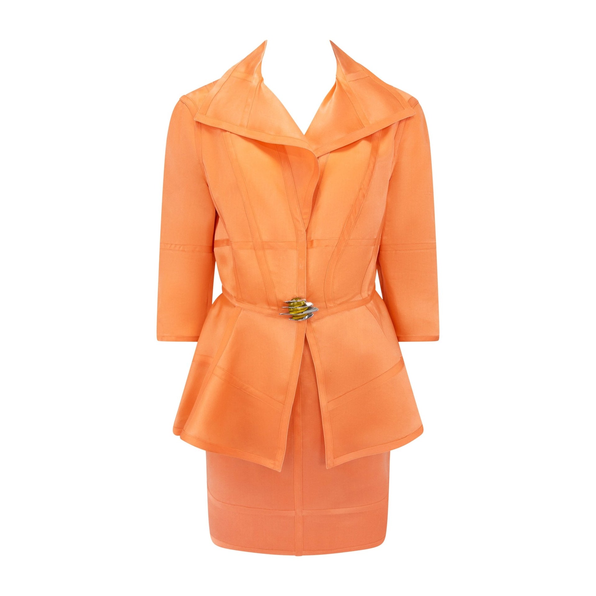 1990s Thierry Mugler Orange Semi - Sheer Silk Skirt Suit - RealList