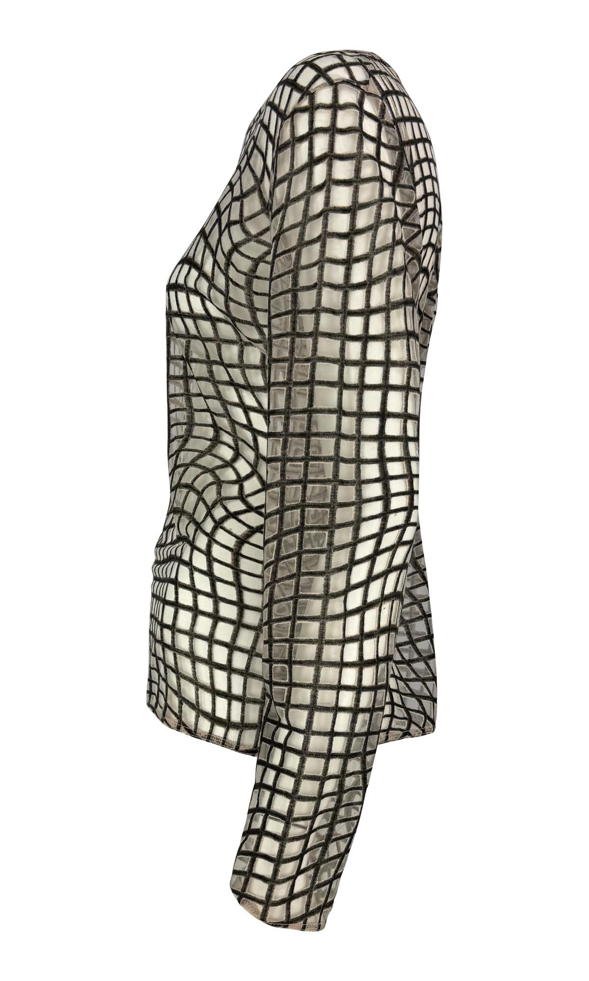 1990s Thierry Mugler Sheer Beige Mesh Op Art Print Long Sleeve Shirt - RealList