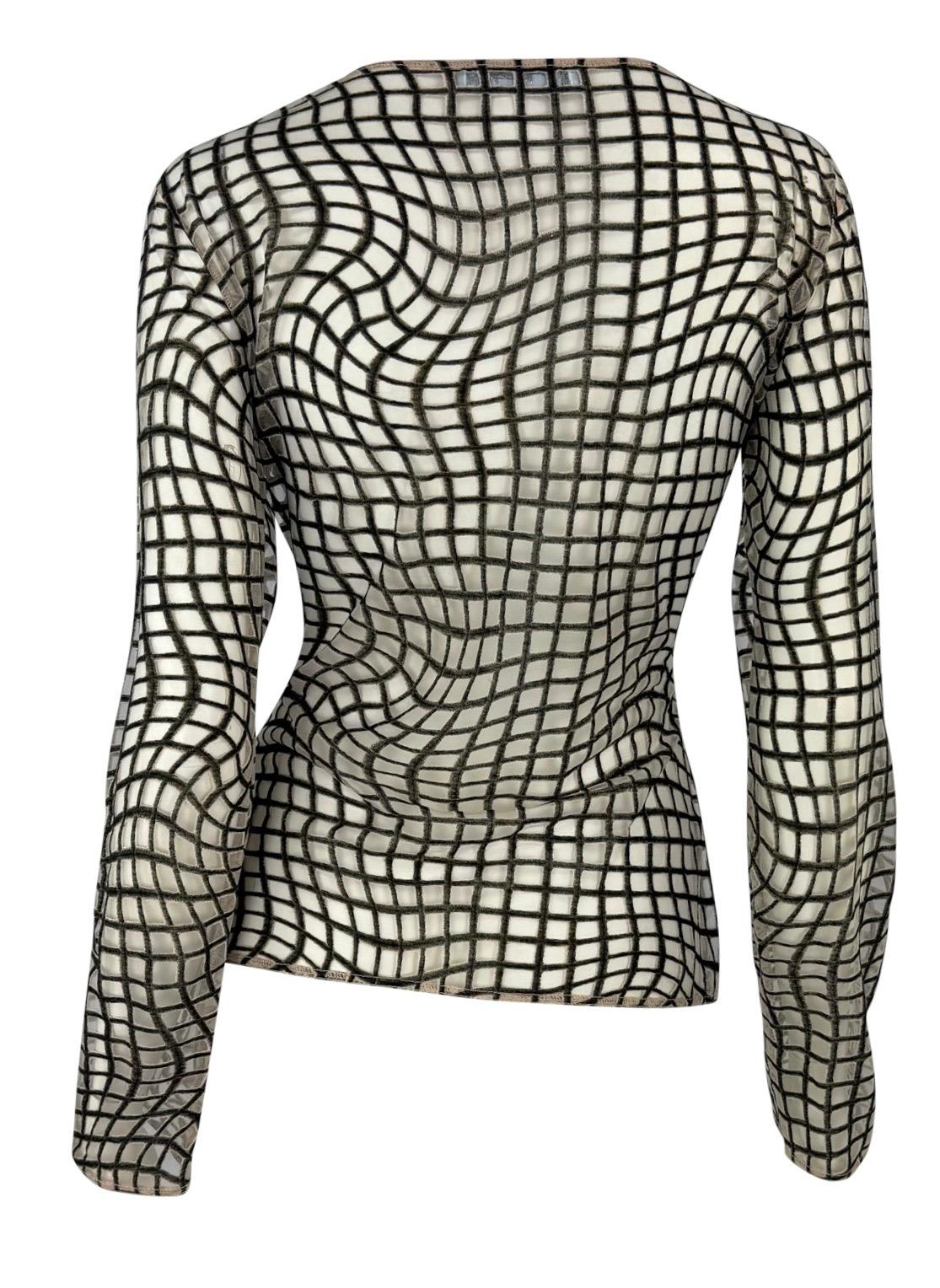 1990s Thierry Mugler Sheer Beige Mesh Op Art Print Long Sleeve Shirt - RealList