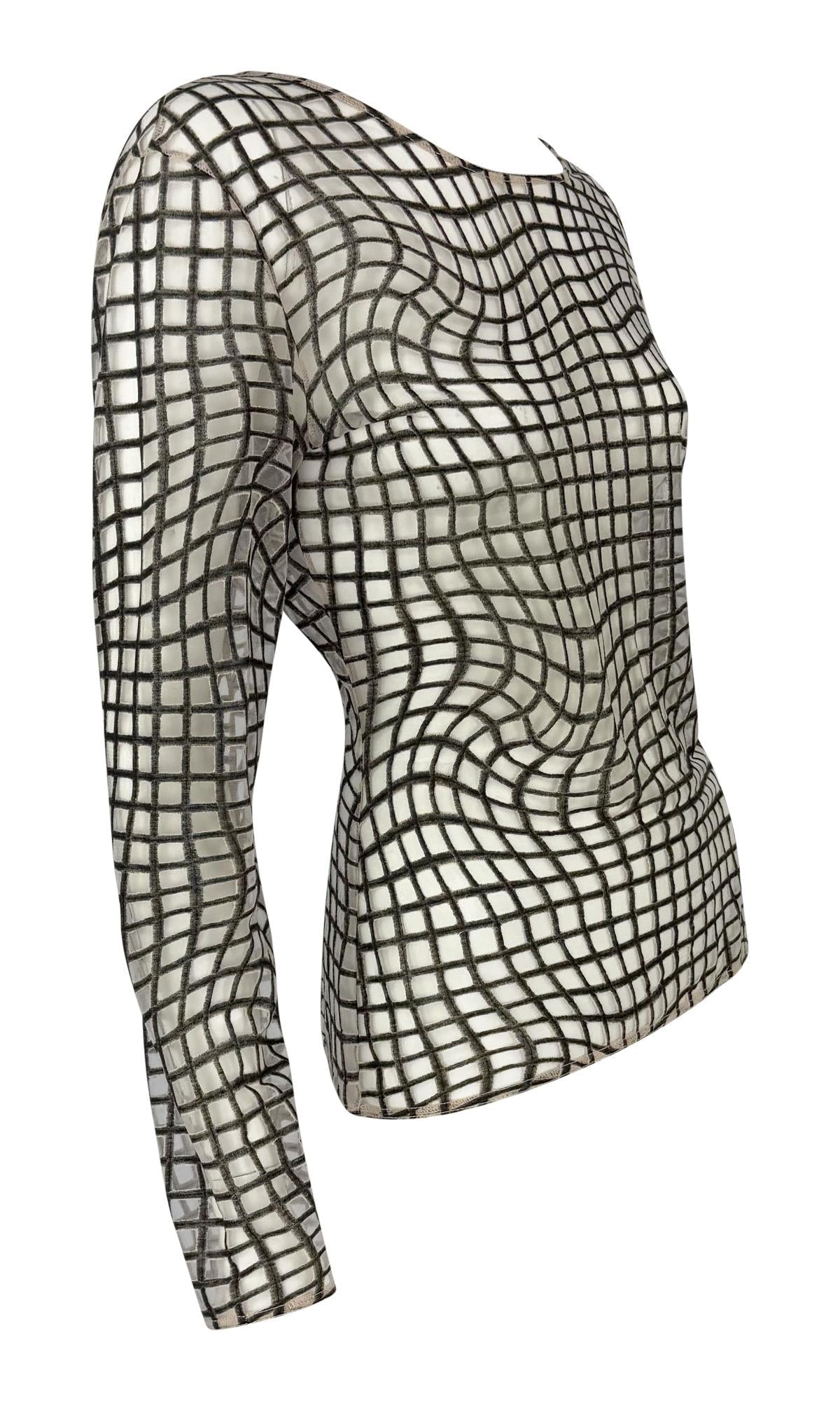 1990s Thierry Mugler Sheer Beige Mesh Op Art Print Long Sleeve Shirt - RealList