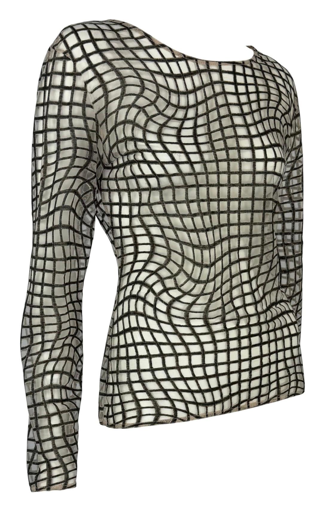 1990s Thierry Mugler Sheer Beige Mesh Op Art Print Long Sleeve Shirt - RealList