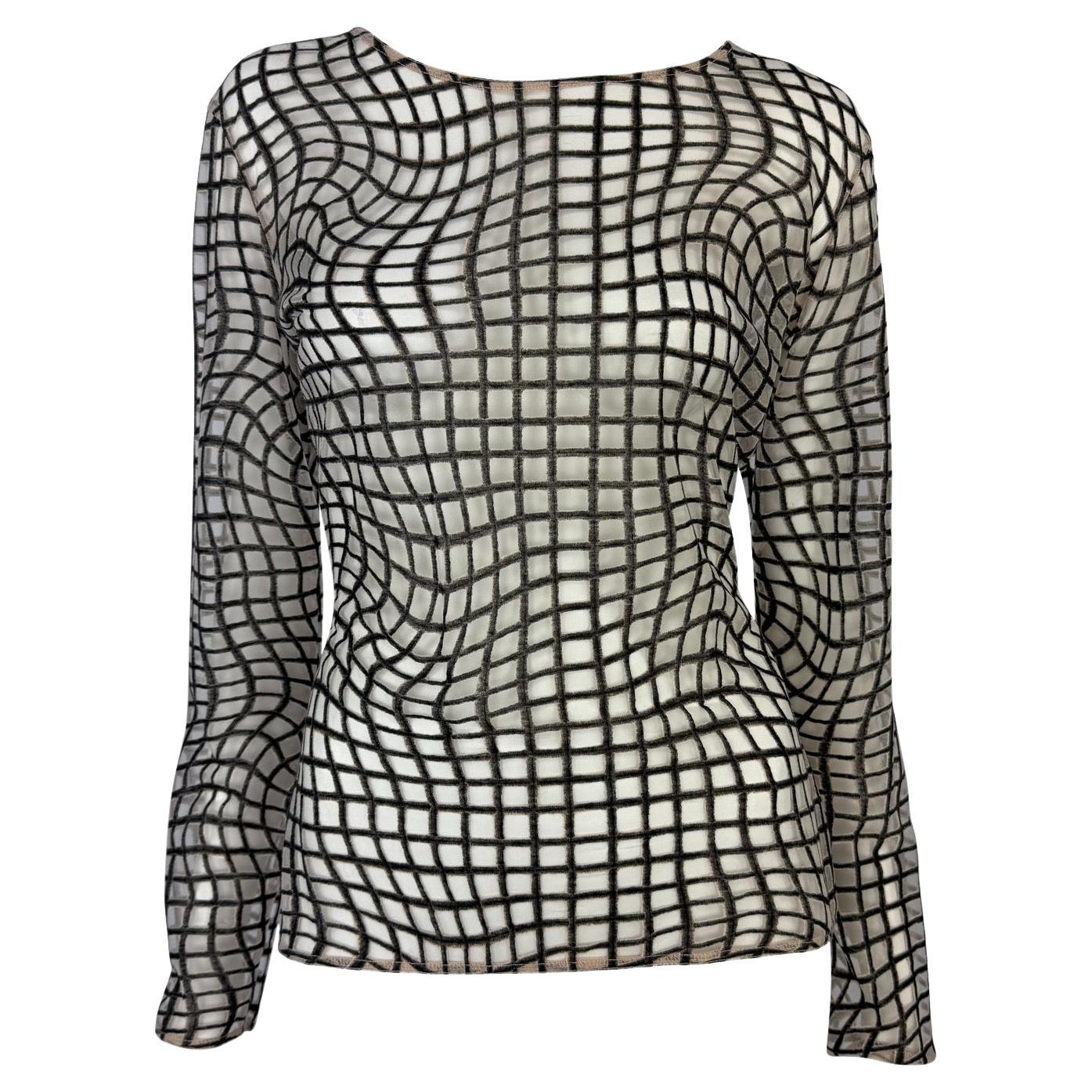1990s Thierry Mugler Sheer Beige Mesh Op Art Print Long Sleeve Shirt - RealList