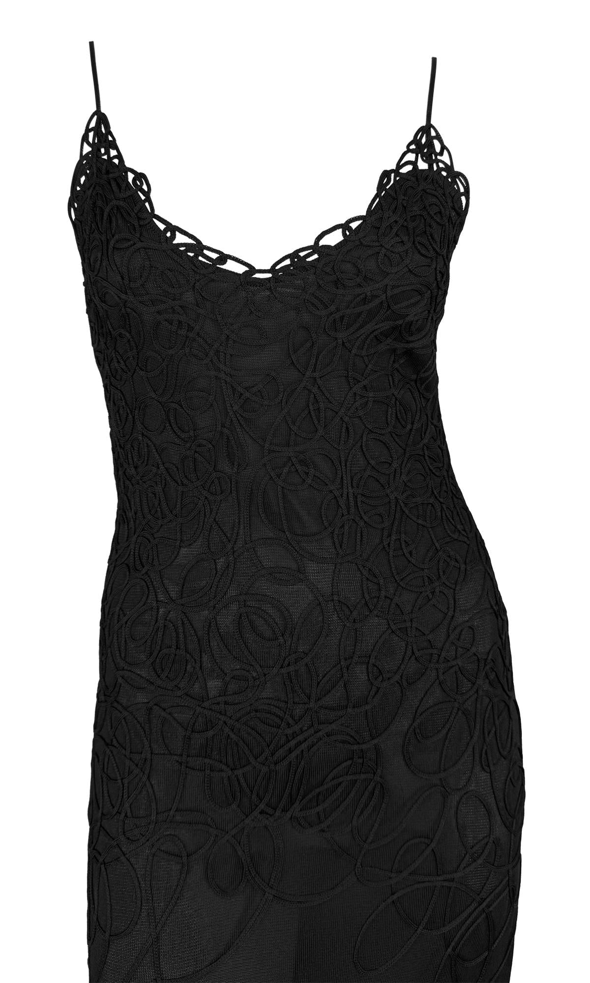 1990s Thierry Mugler Sheer Bodycon Abstract Swirl Embroidered Black Slip Gown - RealList