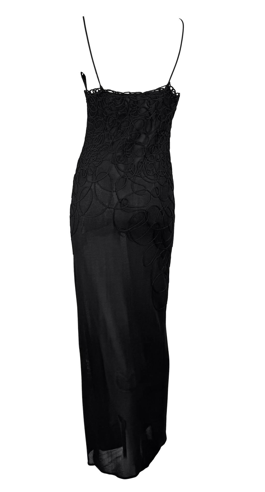 1990s Thierry Mugler Sheer Bodycon Abstract Swirl Embroidered Black Slip Gown - RealList