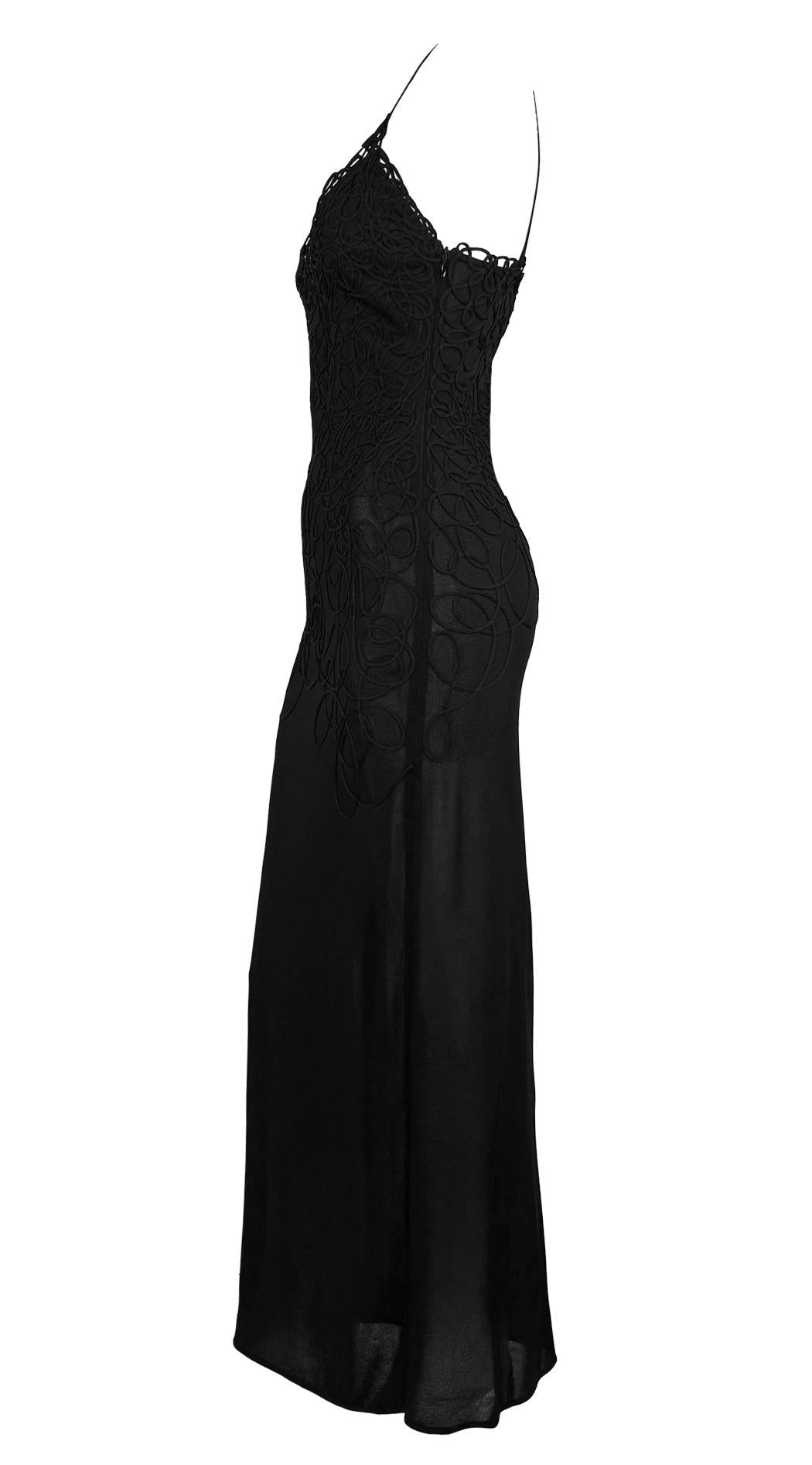 1990s Thierry Mugler Sheer Bodycon Abstract Swirl Embroidered Black Slip Gown - RealList