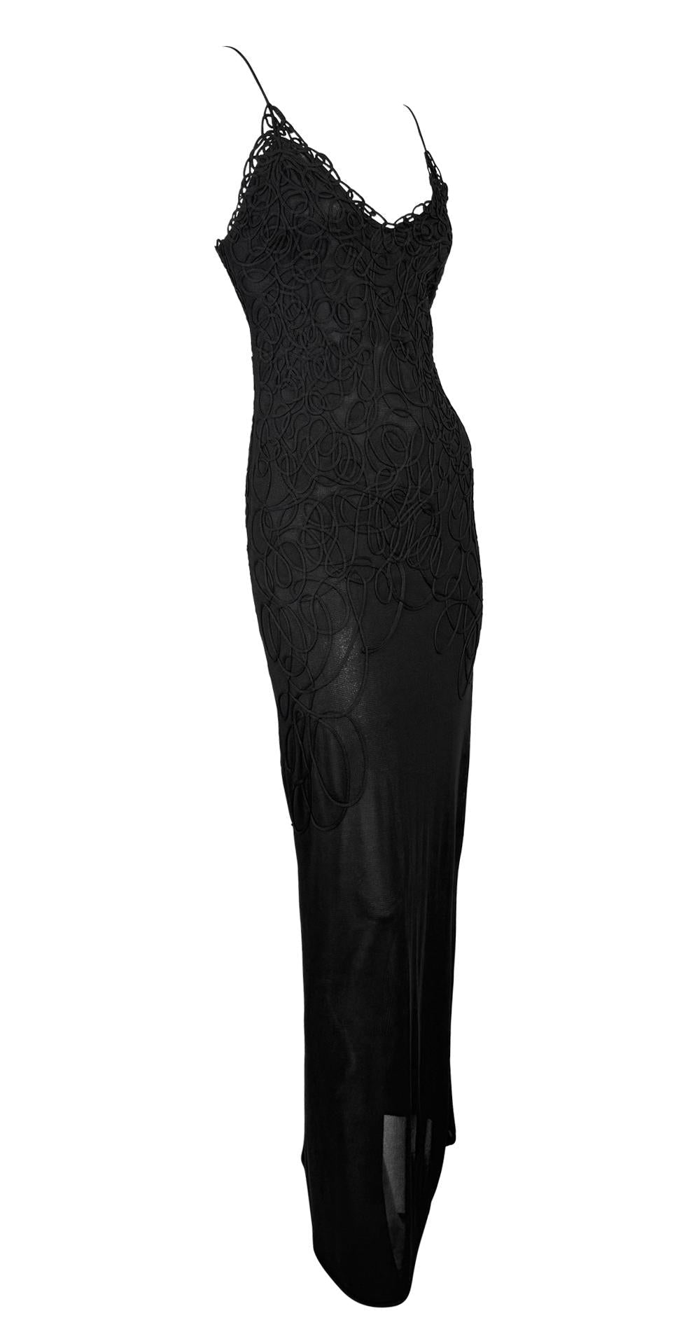 1990s Thierry Mugler Sheer Bodycon Abstract Swirl Embroidered Black Slip Gown - RealList