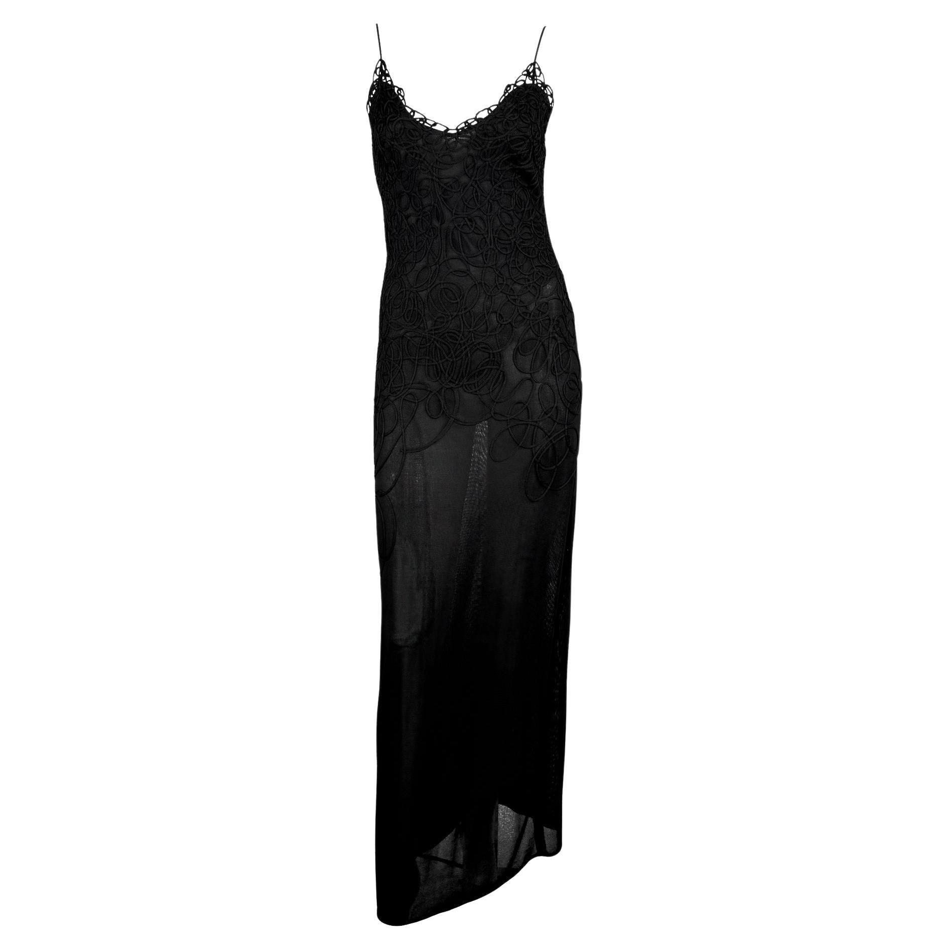 1990s Thierry Mugler Sheer Bodycon Abstract Swirl Embroidered Black Slip Gown - RealList