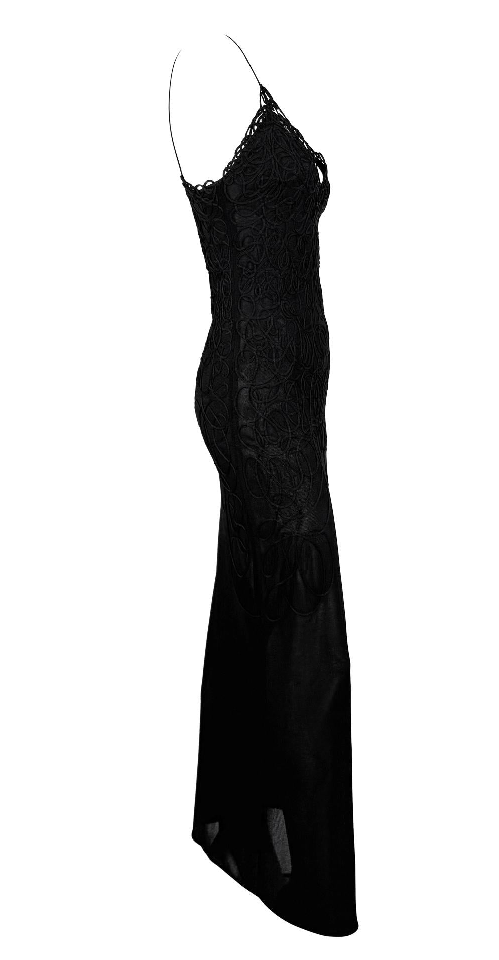 1990s Thierry Mugler Sheer Bodycon Abstract Swirl Embroidered Black Slip Gown - RealList