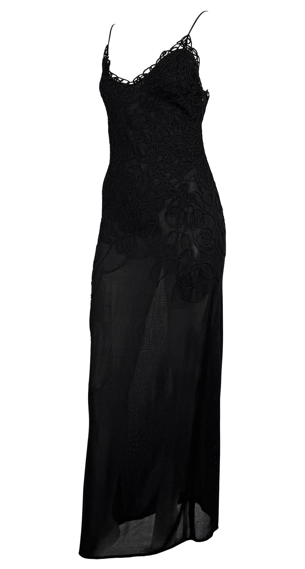 1990s Thierry Mugler Sheer Bodycon Abstract Swirl Embroidered Black Slip Gown - RealList