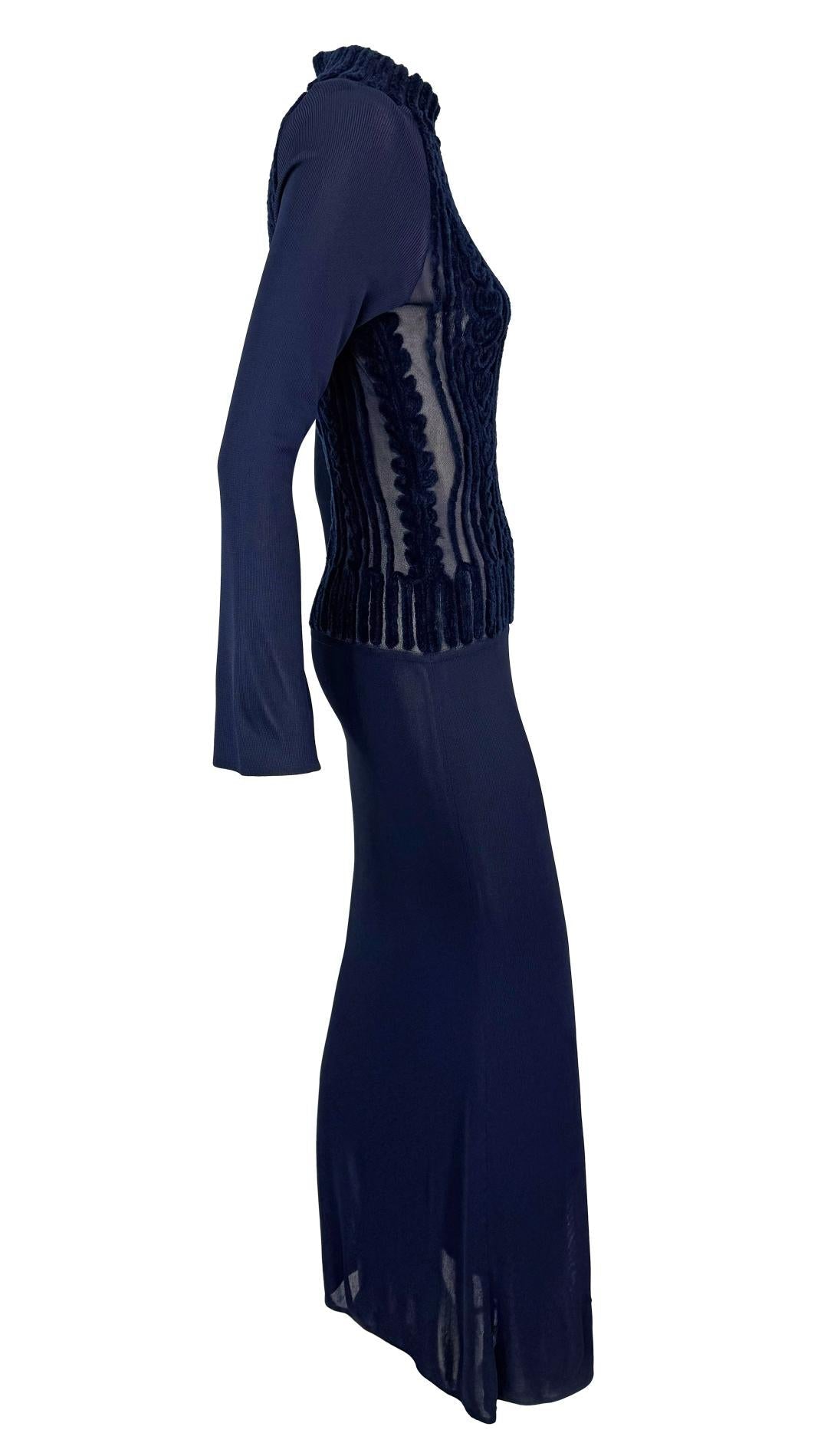 1990s Thierry Mugler Sheer Velvet Devoré Faux Cable - Knit Navy Blue Bodycon Gown - RealList