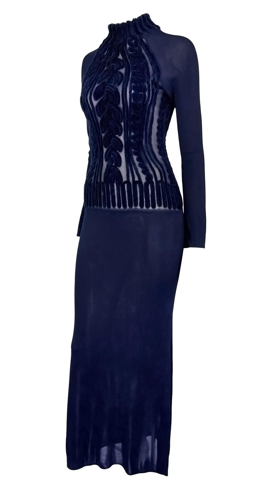 1990s Thierry Mugler Sheer Velvet Devoré Faux Cable - Knit Navy Blue Bodycon Gown - RealList