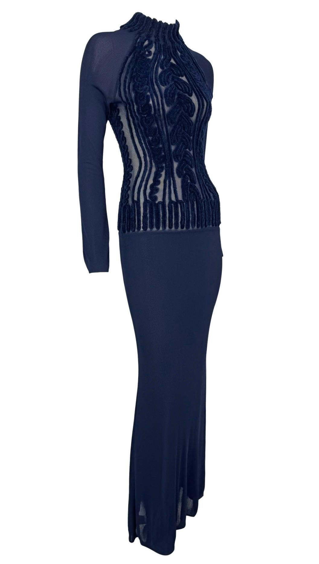 1990s Thierry Mugler Sheer Velvet Devoré Faux Cable - Knit Navy Blue Bodycon Gown - RealList