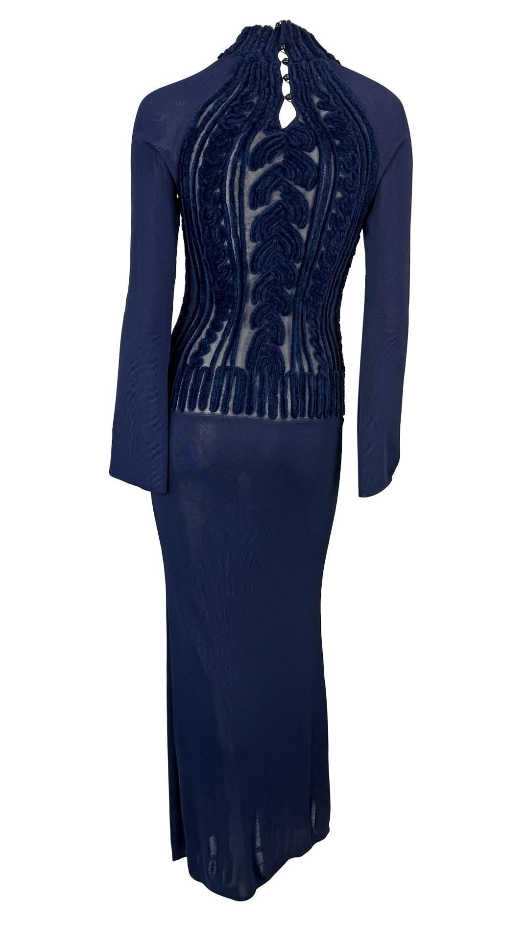 1990s Thierry Mugler Sheer Velvet Devoré Faux Cable - Knit Navy Blue Bodycon Gown - RealList
