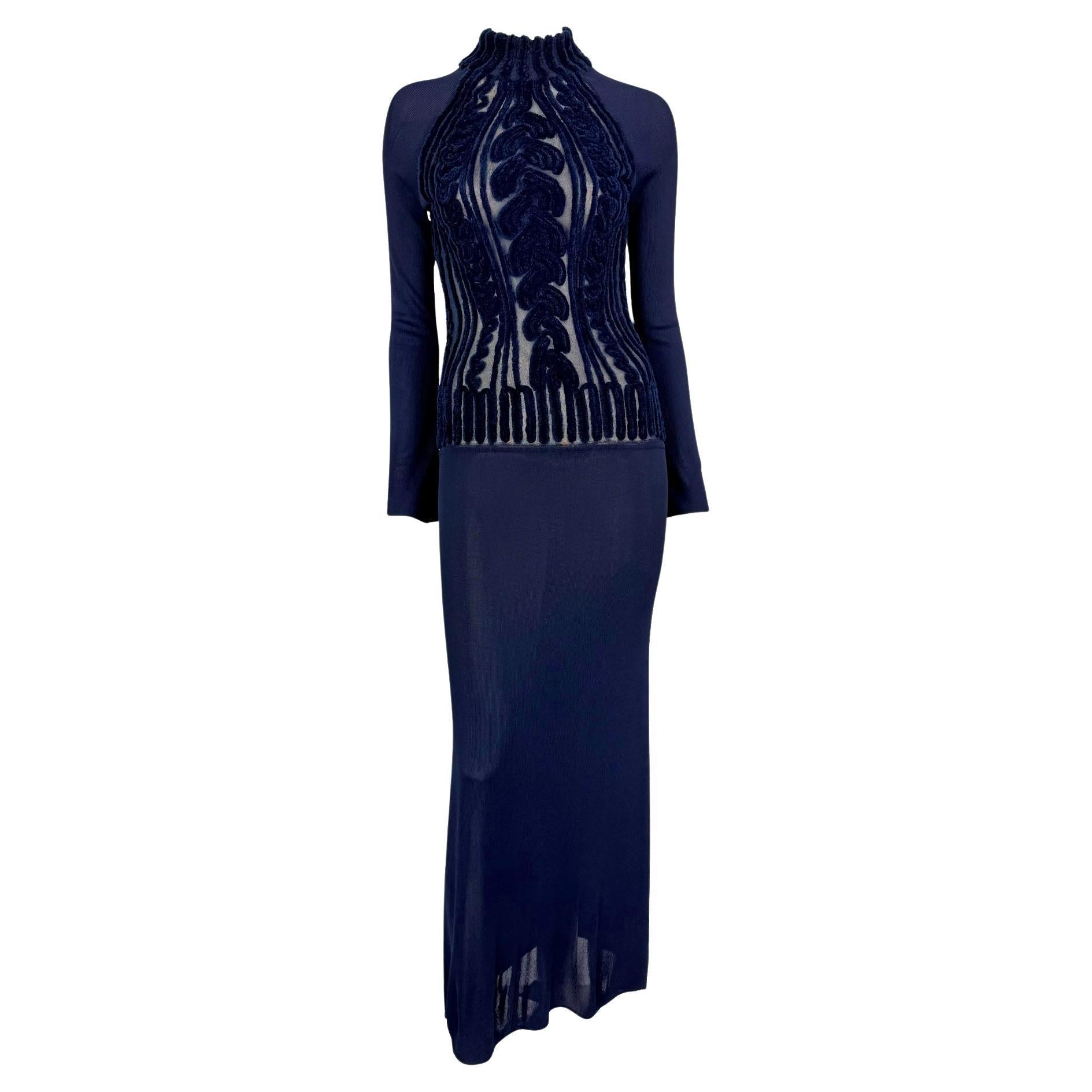 1990s Thierry Mugler Sheer Velvet Devoré Faux Cable - Knit Navy Blue Bodycon Gown - RealList
