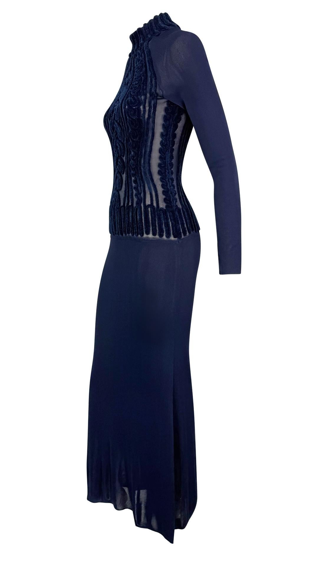 1990s Thierry Mugler Sheer Velvet Devoré Faux Cable - Knit Navy Blue Bodycon Gown - RealList