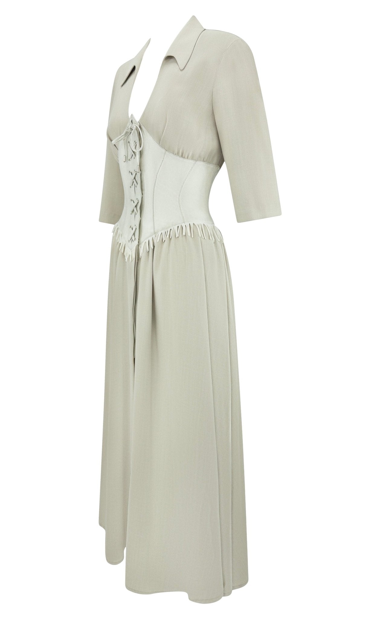 1990s Thierry Mugler Taupe Western Fringe Waist Corset Plunging Maxi Dress - RealList