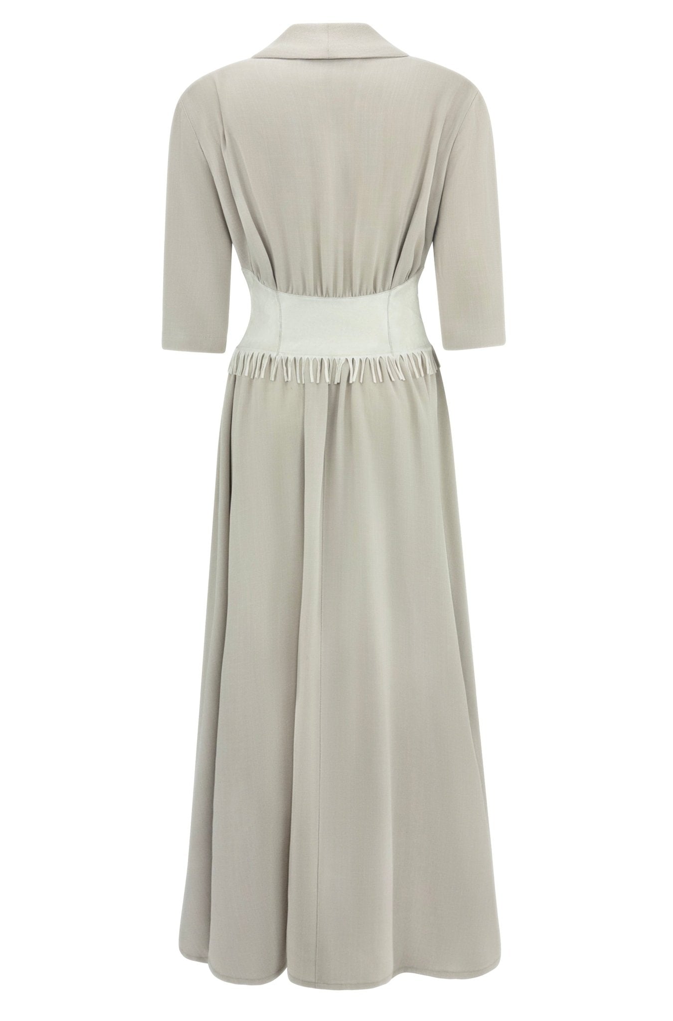 1990s Thierry Mugler Taupe Western Fringe Waist Corset Plunging Maxi Dress - RealList