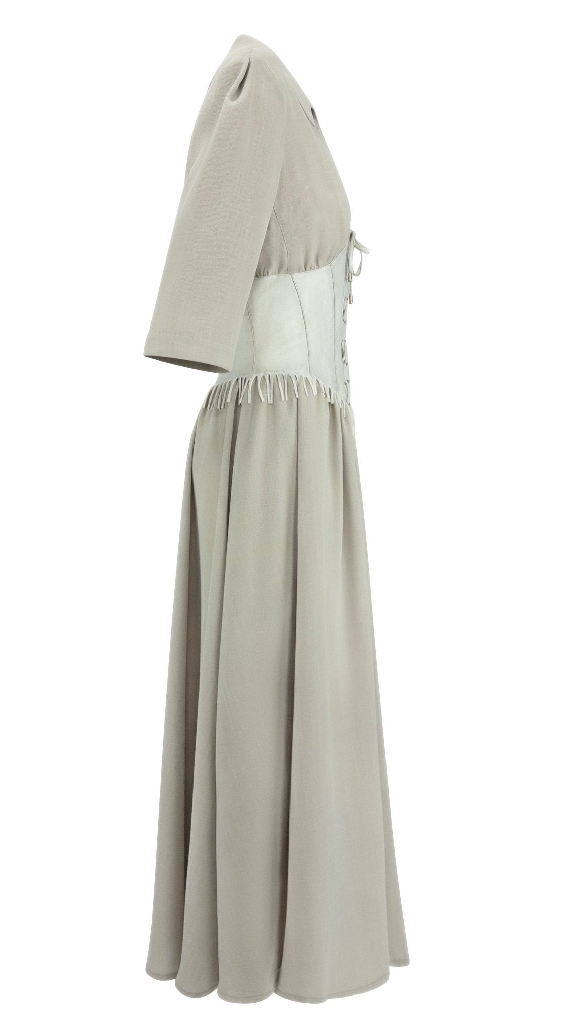 1990s Thierry Mugler Taupe Western Fringe Waist Corset Plunging Maxi Dress - RealList