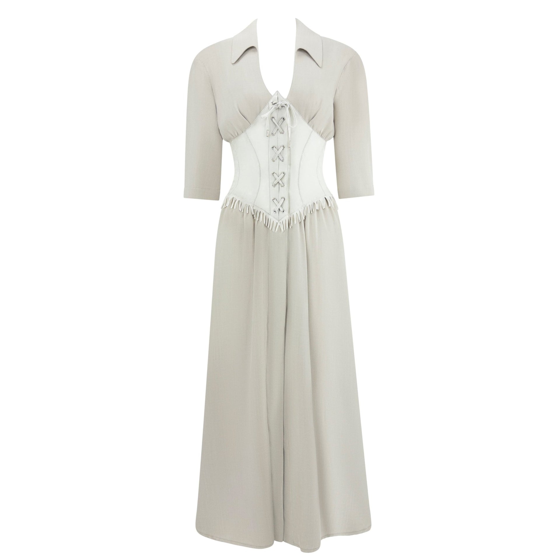 1990s Thierry Mugler Taupe Western Fringe Waist Corset Plunging Maxi Dress - RealList
