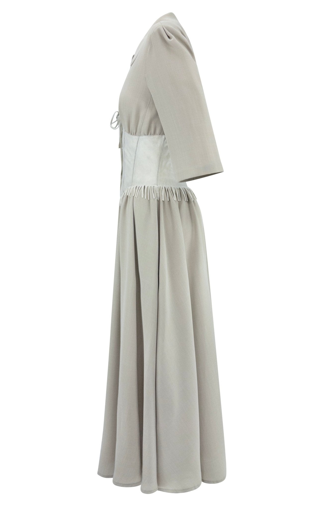 1990s Thierry Mugler Taupe Western Fringe Waist Corset Plunging Maxi Dress - RealList