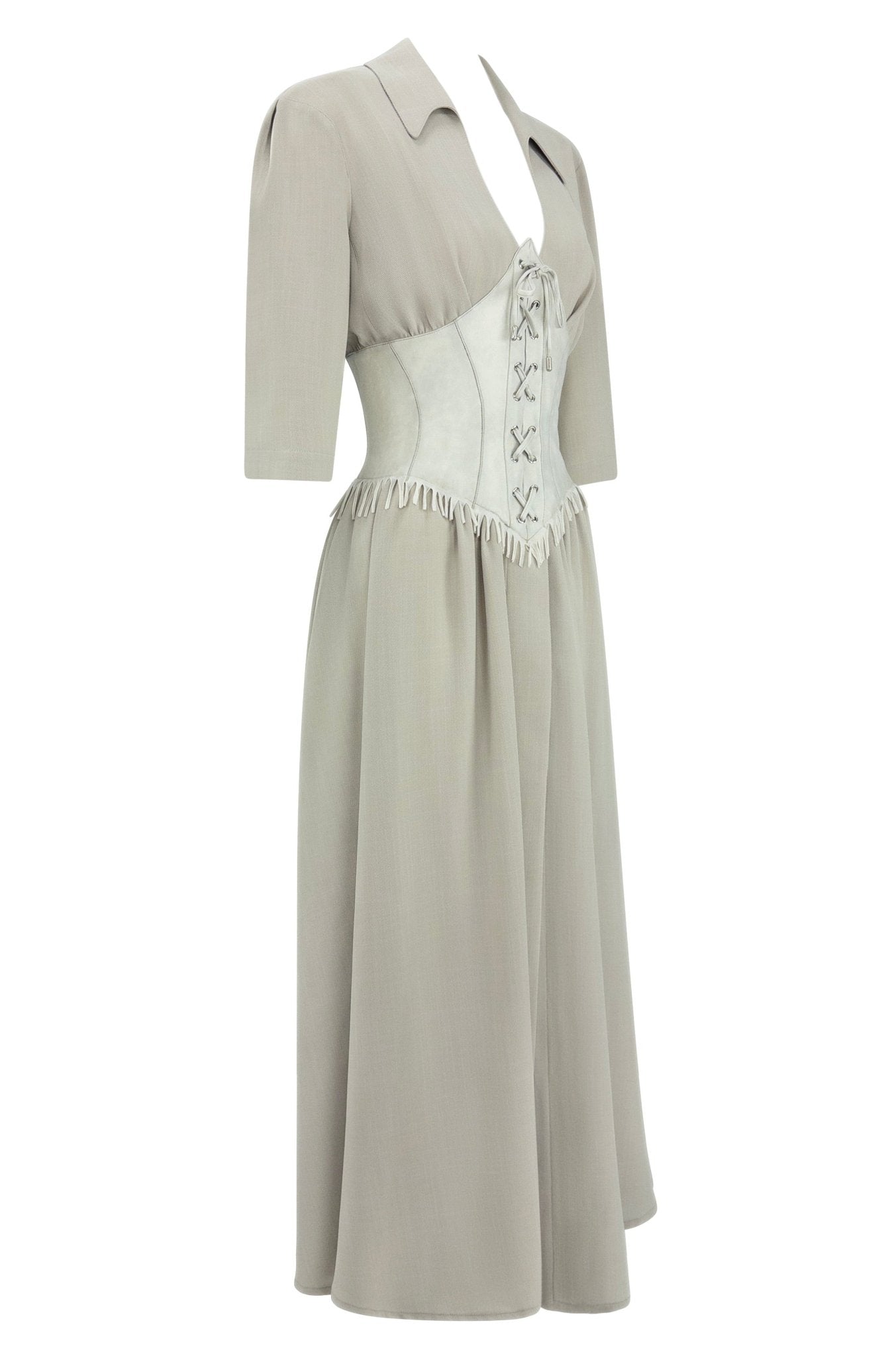 1990s Thierry Mugler Taupe Western Fringe Waist Corset Plunging Maxi Dress - RealList