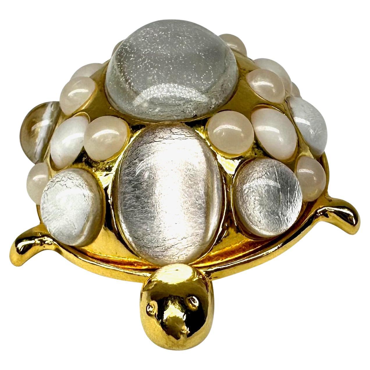 1990s Valentino Couture Gold Tone White Opal Turtle Costume Brooch - RealList