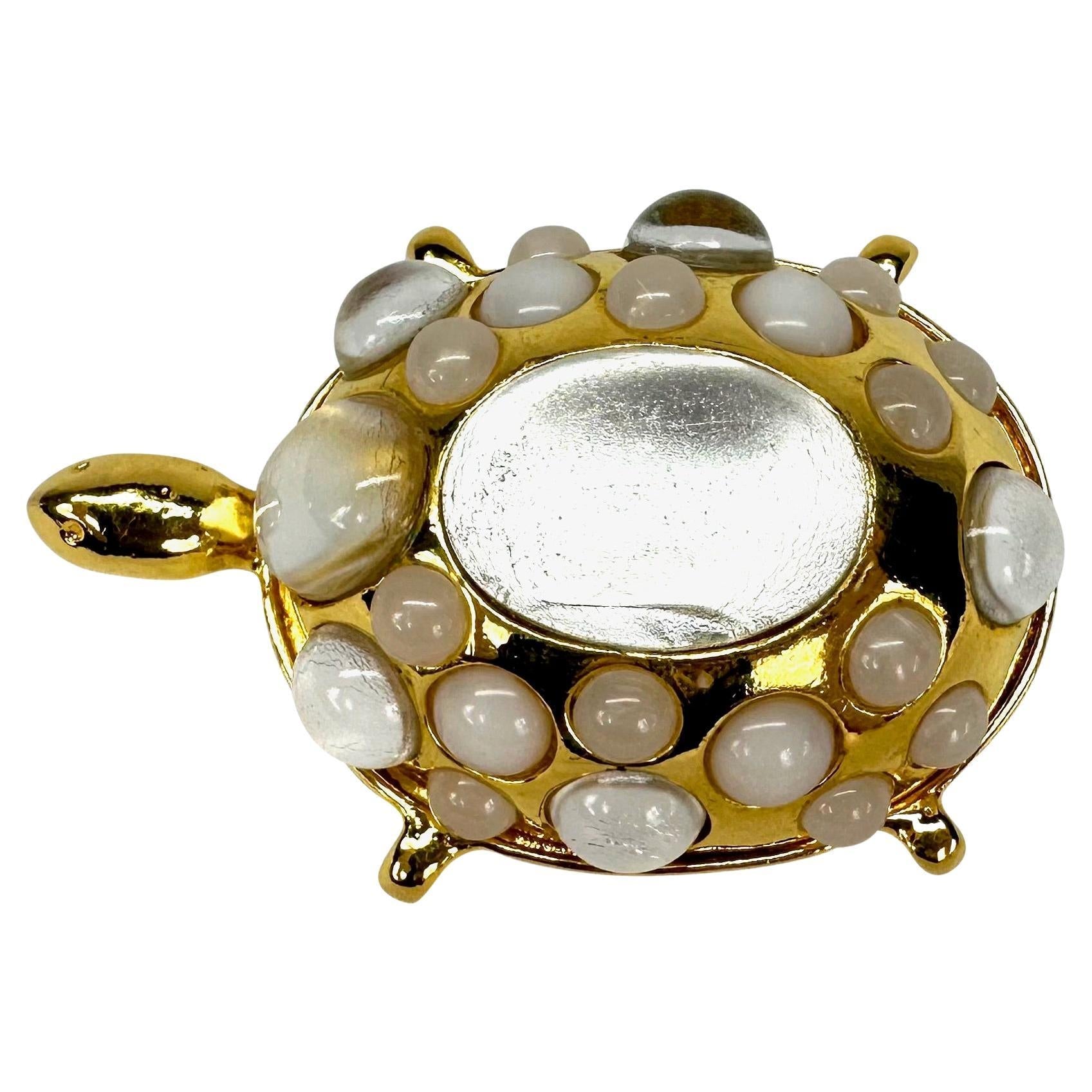 1990s Valentino Couture Gold Tone White Opal Turtle Costume Brooch - RealList
