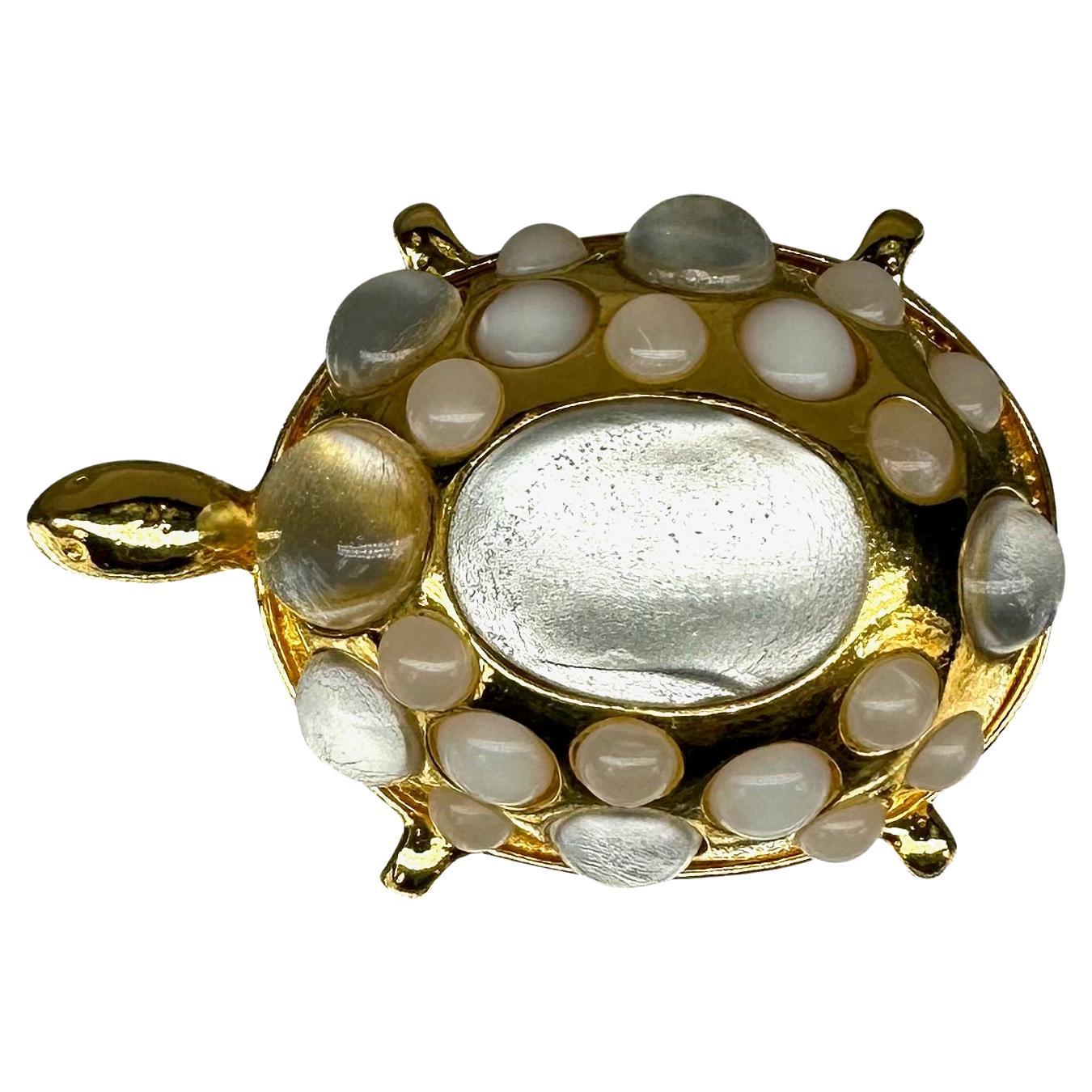 1990s Valentino Couture Gold Tone White Opal Turtle Costume Brooch - RealList
