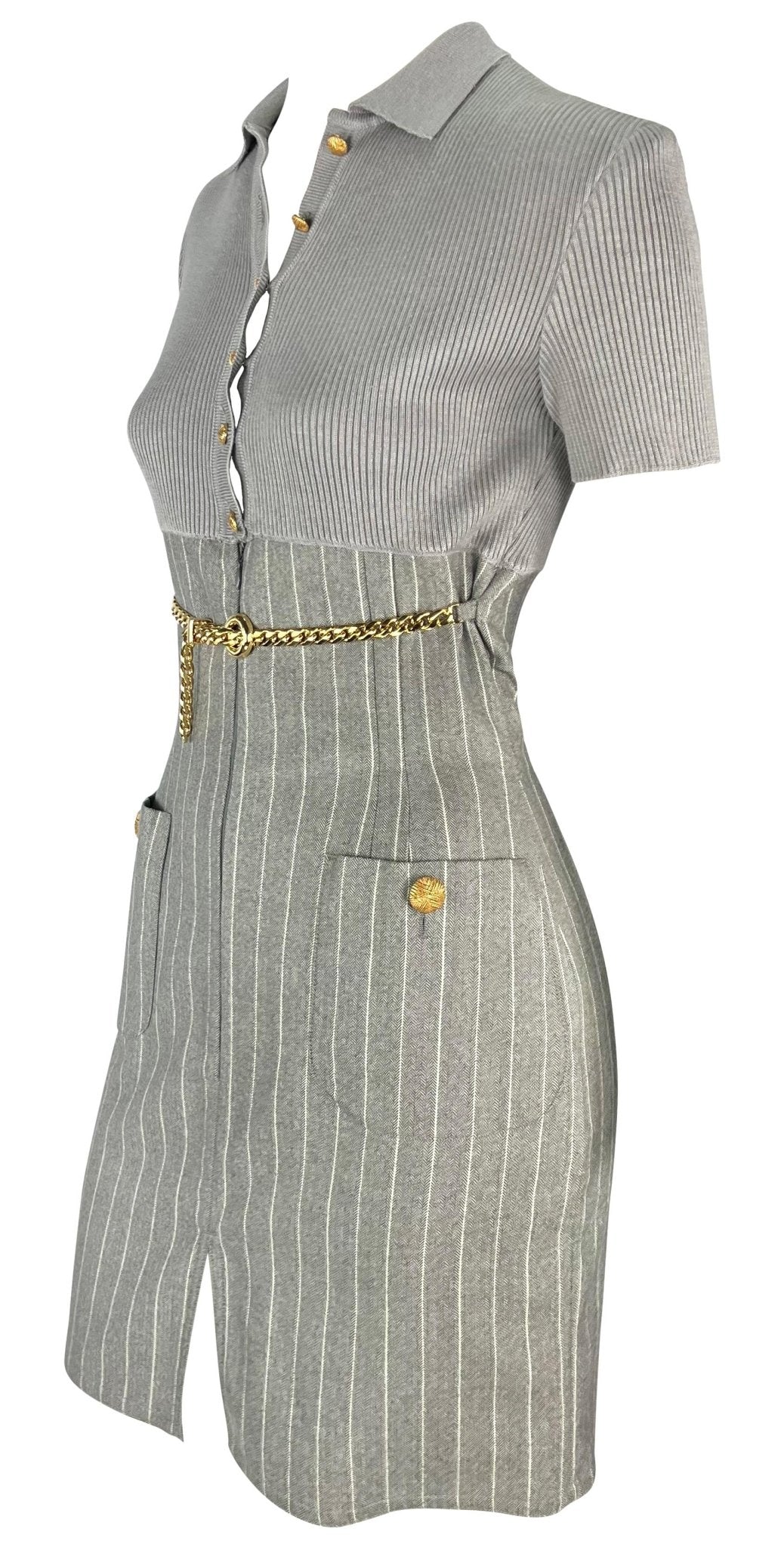 1990s Valentino Garavani Grey Pinstripe Knit Gold Chain Belt Mini Dress - RealList