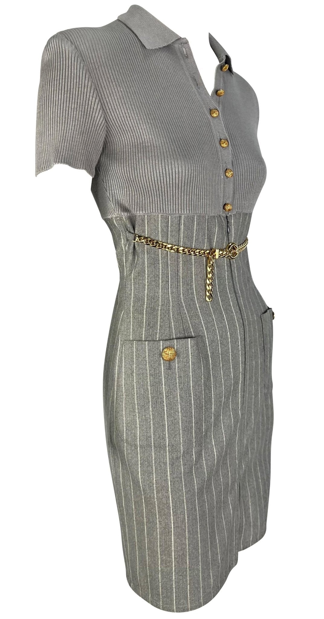 1990s Valentino Garavani Grey Pinstripe Knit Gold Chain Belt Mini Dress - RealList
