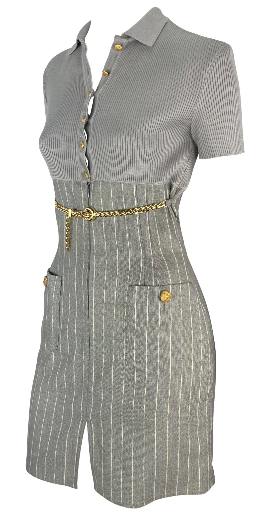 1990s Valentino Garavani Grey Pinstripe Knit Gold Chain Belt Mini Dress - RealList
