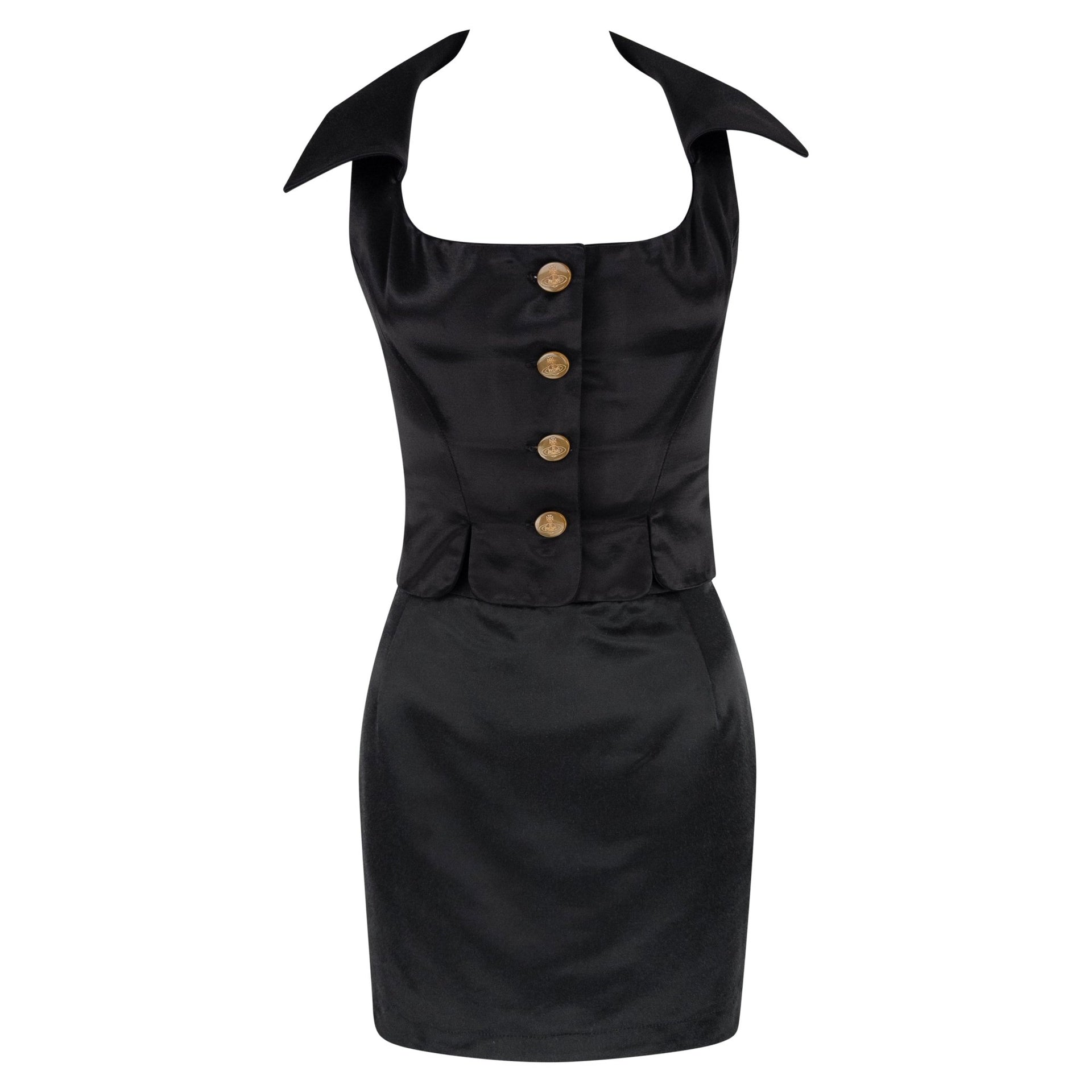 1990s Vivienne Westwood Black Satin Bustier Crop Top Mini Skirt Set - RealList