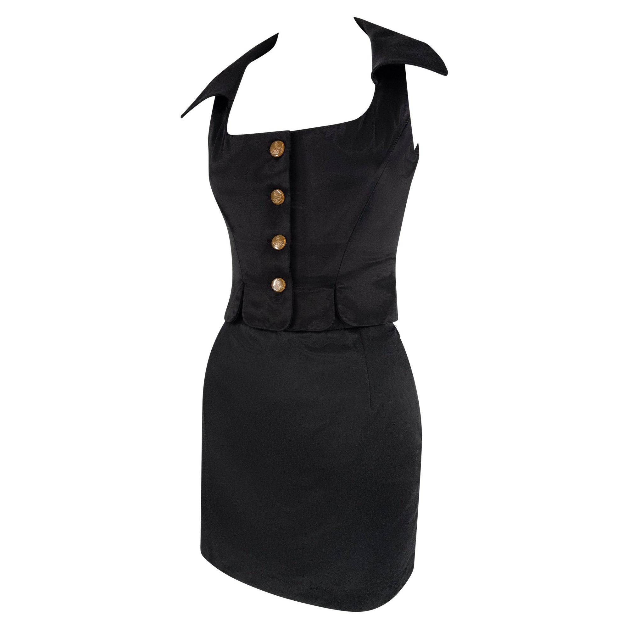 1990s Vivienne Westwood Black Satin Bustier Crop Top Mini Skirt Set - RealList