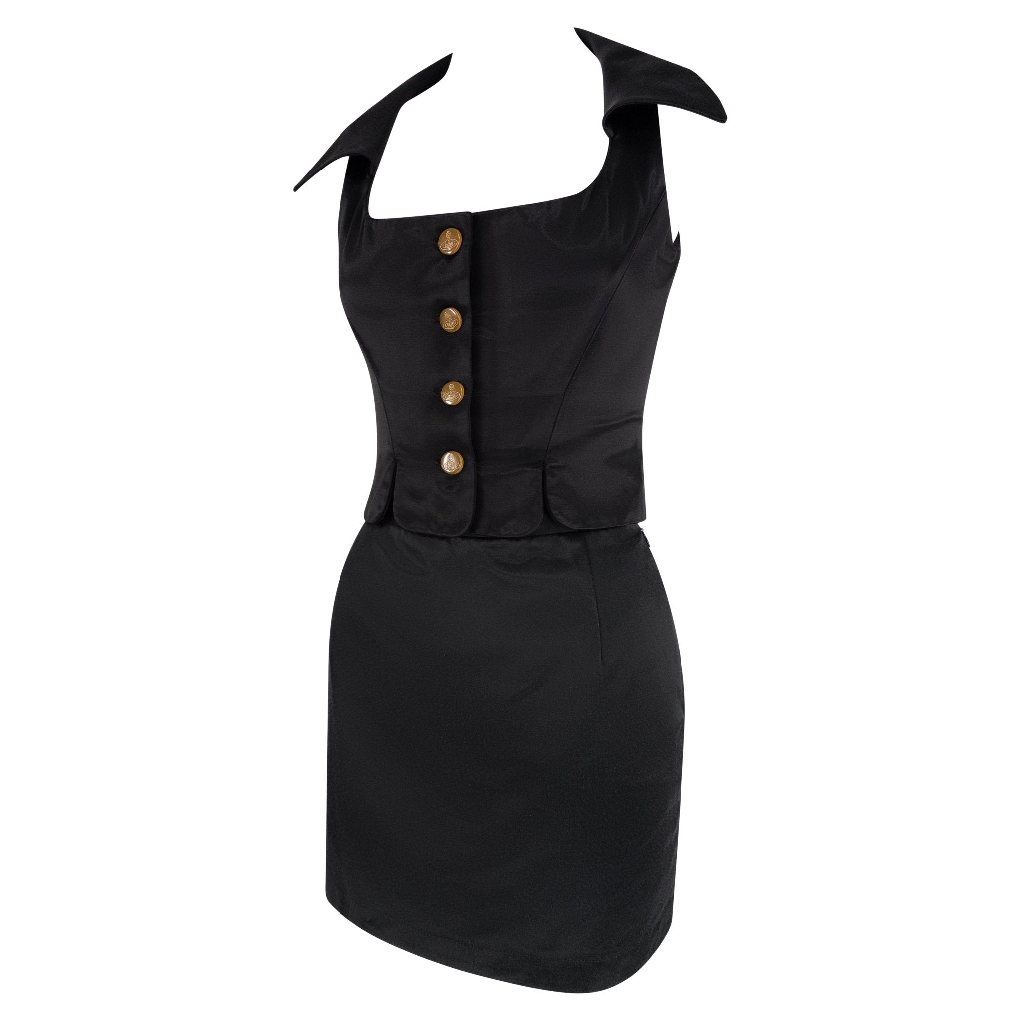 1990s Vivienne Westwood Black Satin Bustier Crop Top Mini Skirt Set - RealList