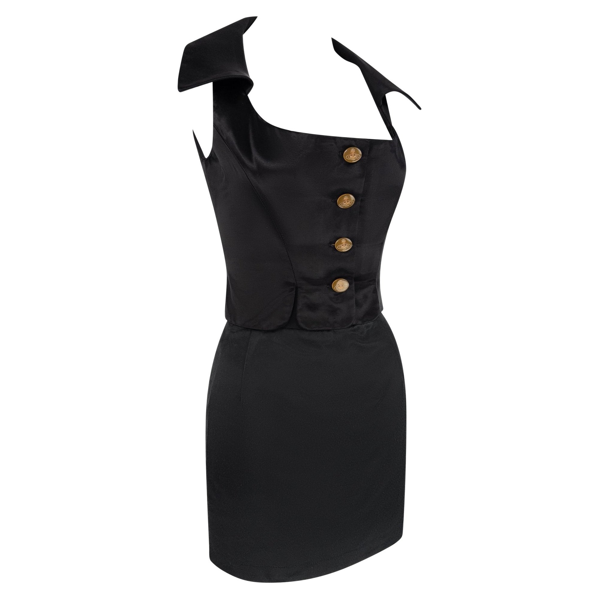 1990s Vivienne Westwood Black Satin Bustier Crop Top Mini Skirt Set - RealList