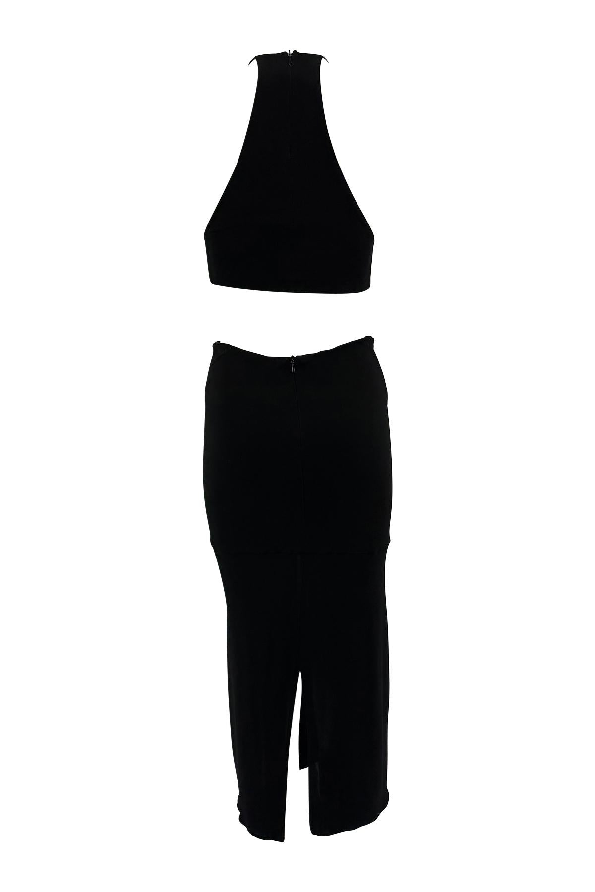 1990s Yigal Azrouël Black Crop Top Bodycon Skirt Set - RealList