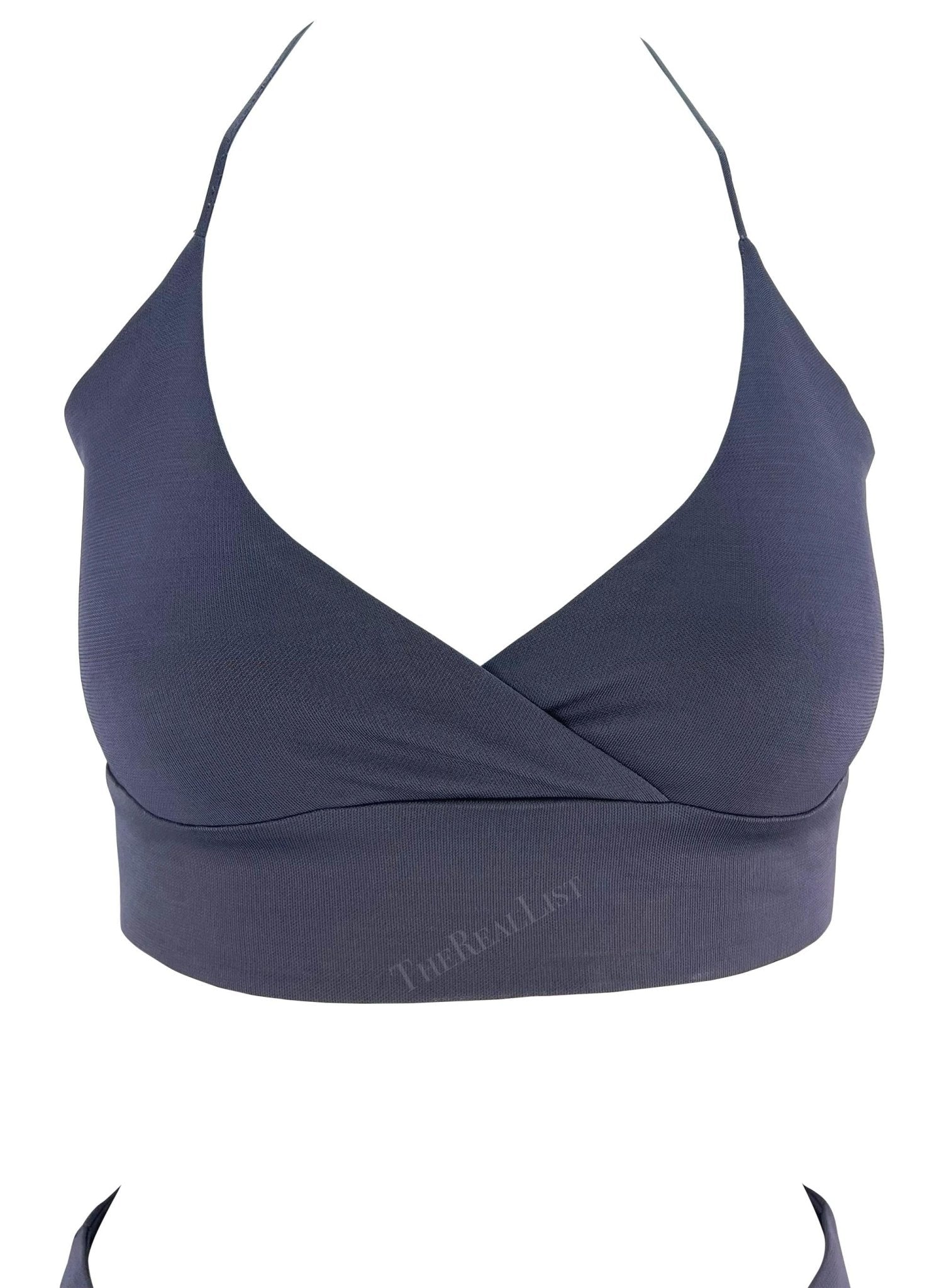 1990s Yigal Azrouël Grey Blue Stretch Halter Neck Bodycon Crop Top Skirt Set - RealList