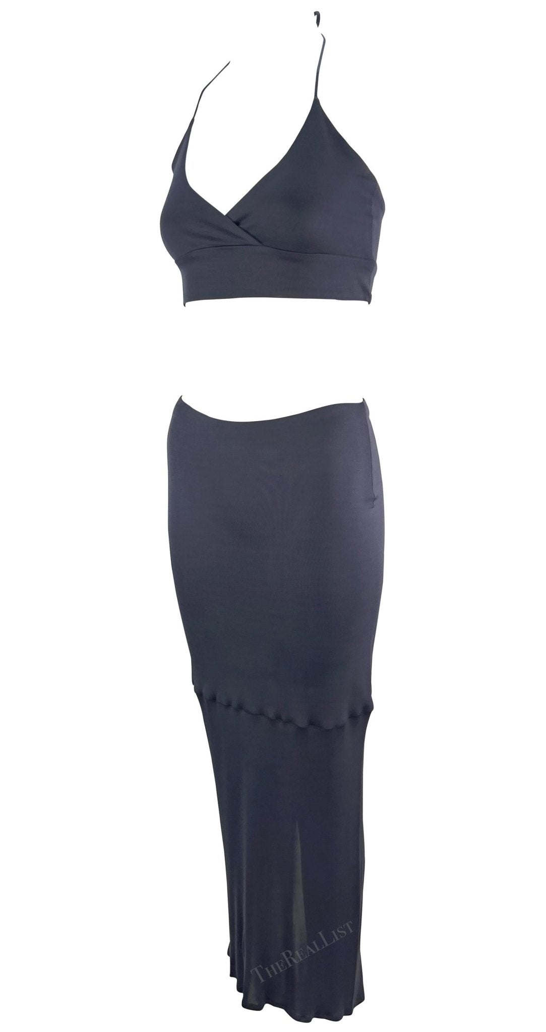 1990s Yigal Azrouël Grey Blue Stretch Halter Neck Bodycon Crop Top Skirt Set - RealList