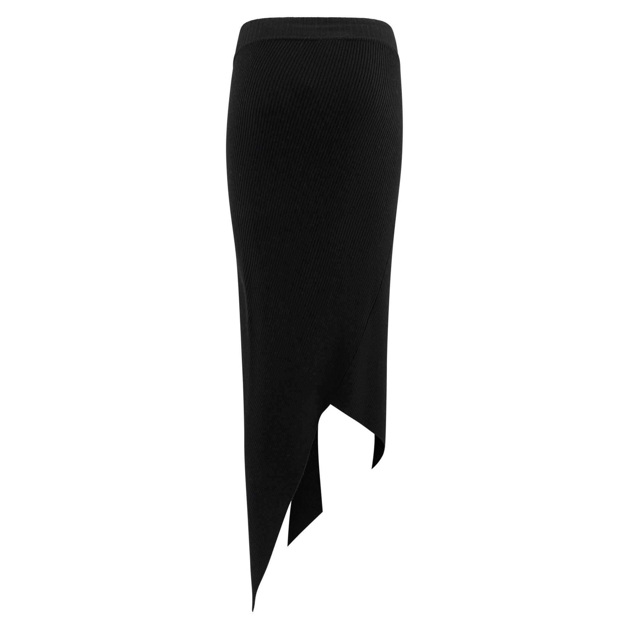 1990s Yves Saint Laurent Black Stretch Ribbed Knit Asymmetric Maxi Skirt - RealList