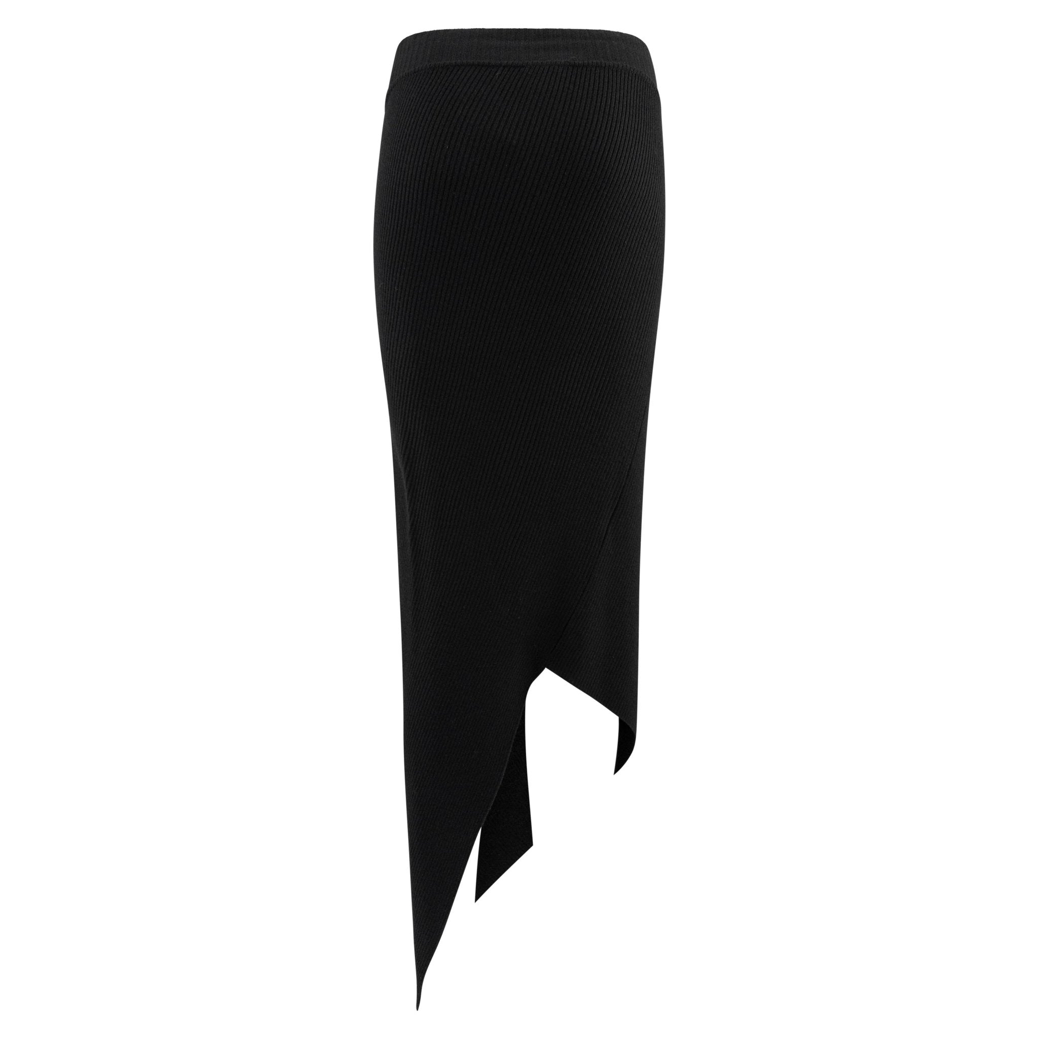 1990s Yves Saint Laurent Black Stretch Ribbed Knit Asymmetric Maxi Skirt - RealList